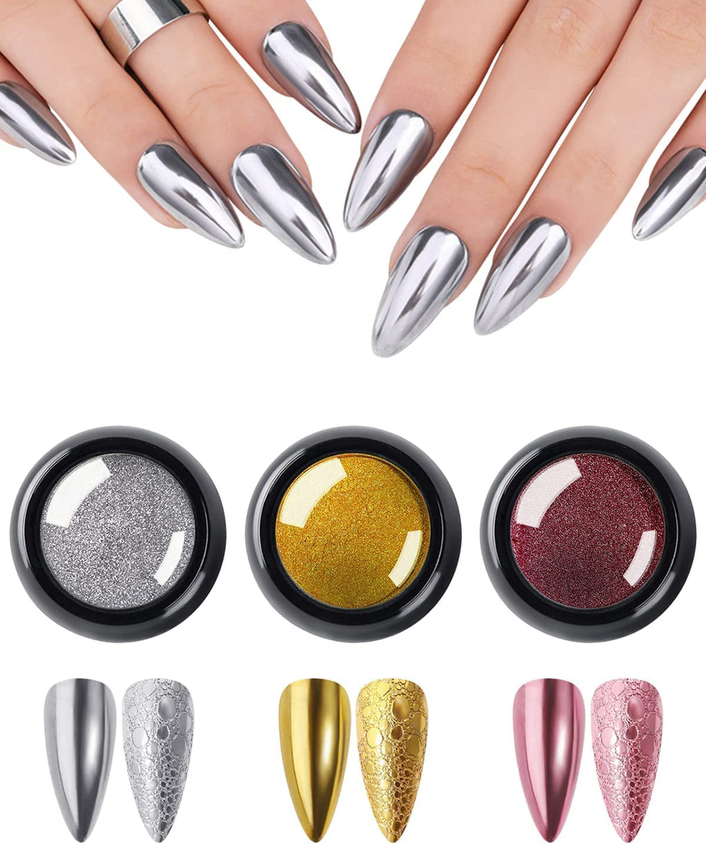 NAILWIND 3 Colors Chrome Nail Powder Set, Glitter Metallic Mirror Effect for Nails Art Design 3D Holographic Silver Rose Gold Pigment Powder - Image 9