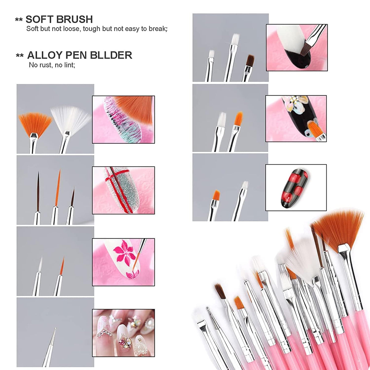 NAILWIND 21 PCS Nail Art Brushes Nail Art Tool kit,1 Nail Art Resin Mixing Palette,15 PCS Nail Art Brushes Set, 5 PCS Dotting Tools, Nail Polish Palette Tools for Women DIY Design Decoration Manicure Tips Supplies - Image 4
