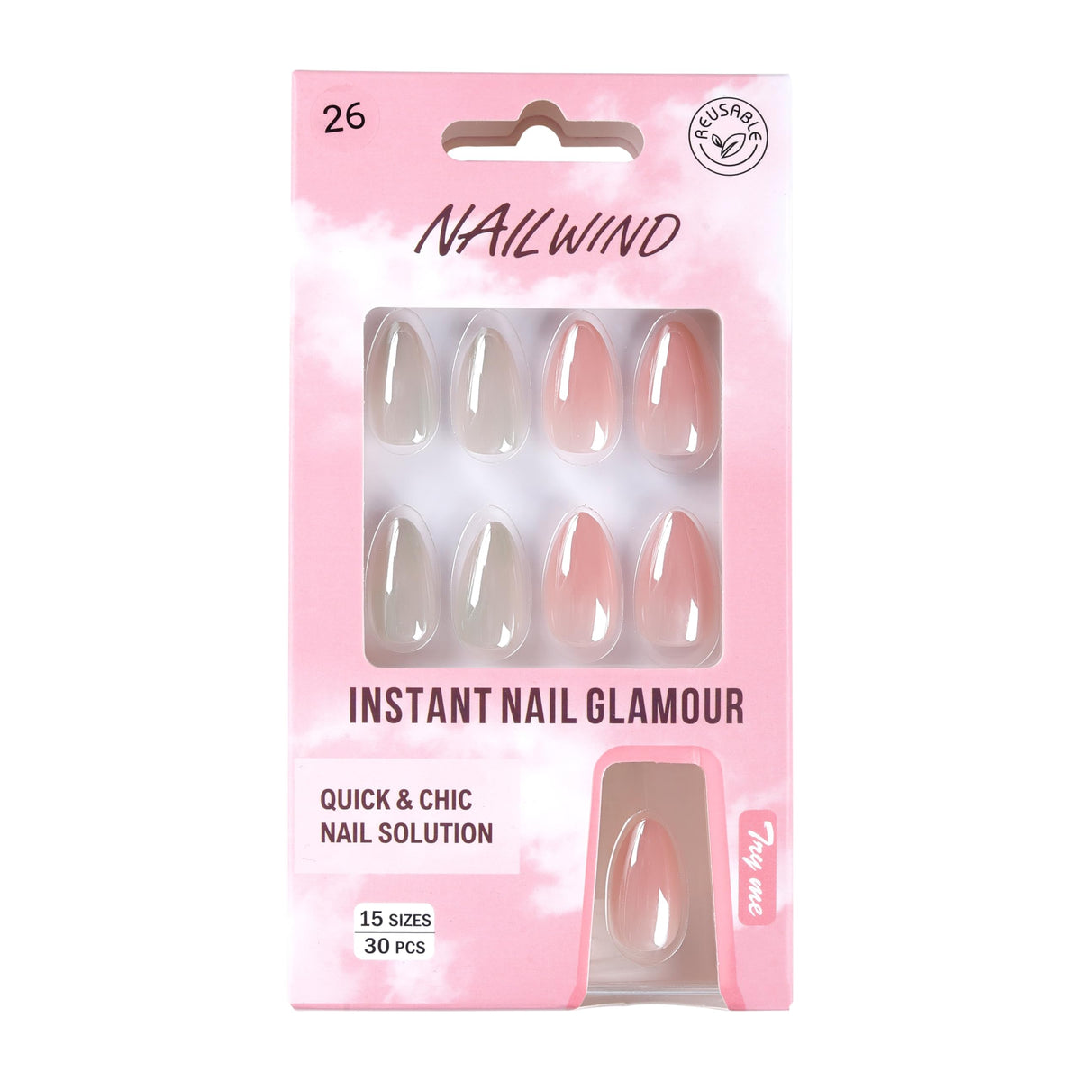 NAILWIND Almond Press On Nails Medium, Nude Short Press On Soft Gel Mirror Designs Glossy Ombre Nails with Nail Glue, Semi-Transparent Reusable Glue On in 15 Sizes - 30PCS Stick On Nail Kit, Acrylic Nail for Women 26 - Image 3