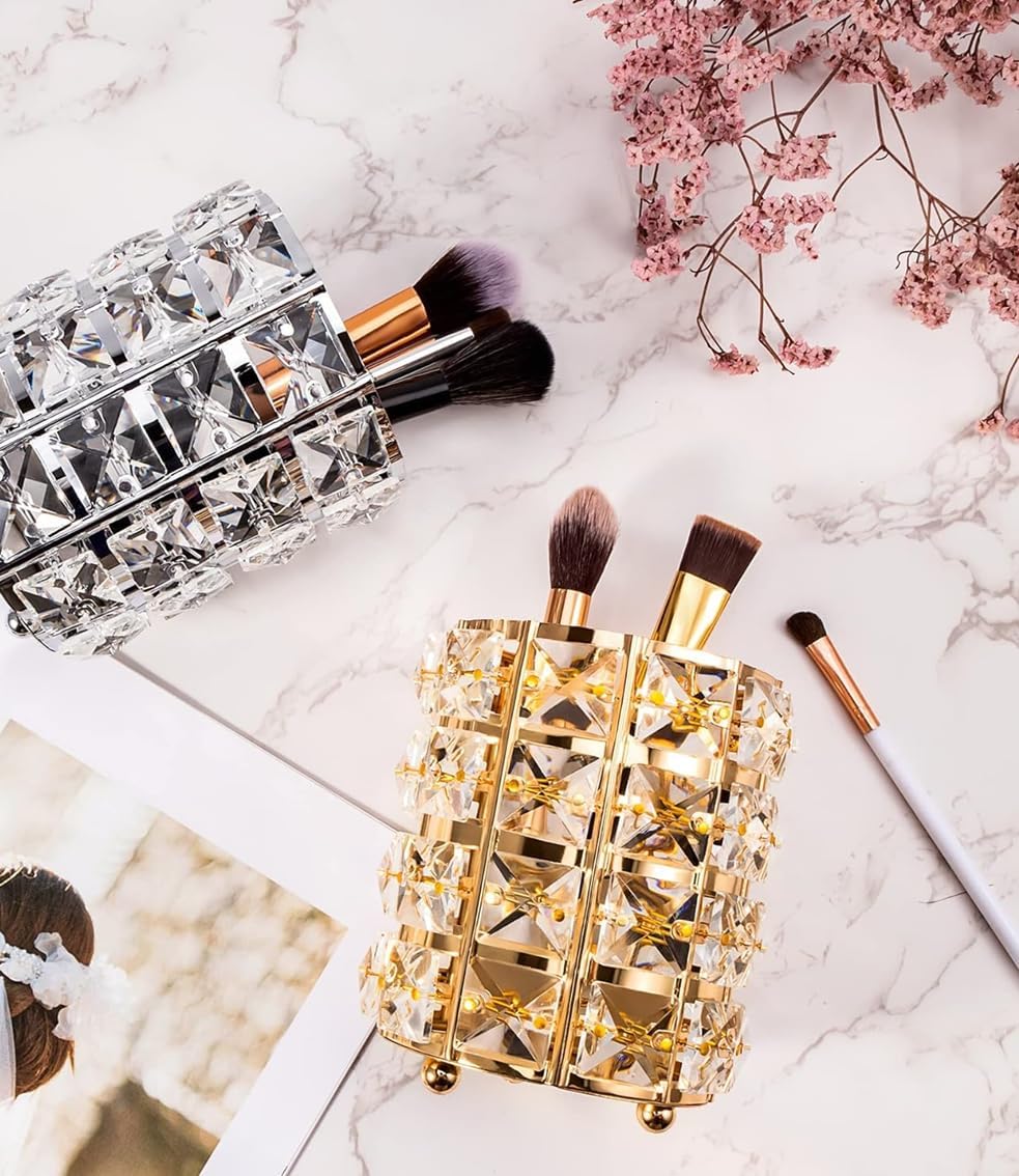 COSLUXE Professional 1 Pc Crystal Cosmetic Makeup Brush Storage Holder Organiser Lipstick Pen Storage Box Embellished Stand for Dressing Table Gold - Image 7
