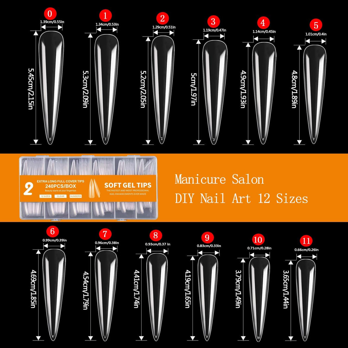 NAILWIND 240Pcs Extra Long Stiletto Nail Tips, 3XL Long Nail Tips Press On Nails, Full Cover No 2 C Curve Stiletto Nails Tips Clear Artificial Acrylic Nails Tips for Salons Home DIY 12 Sizes - Image 4
