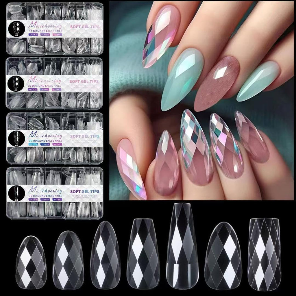 NAILWIND 3D Diamond Shape Designs False Nails,150 Pcs Soft Gel Tips Full Cover Acrylic Nail Tips, Nail Extension 14 Sizes Suitable for Nail Tips Art Salons ? Home (CLEAR, ROUND) - Image 9