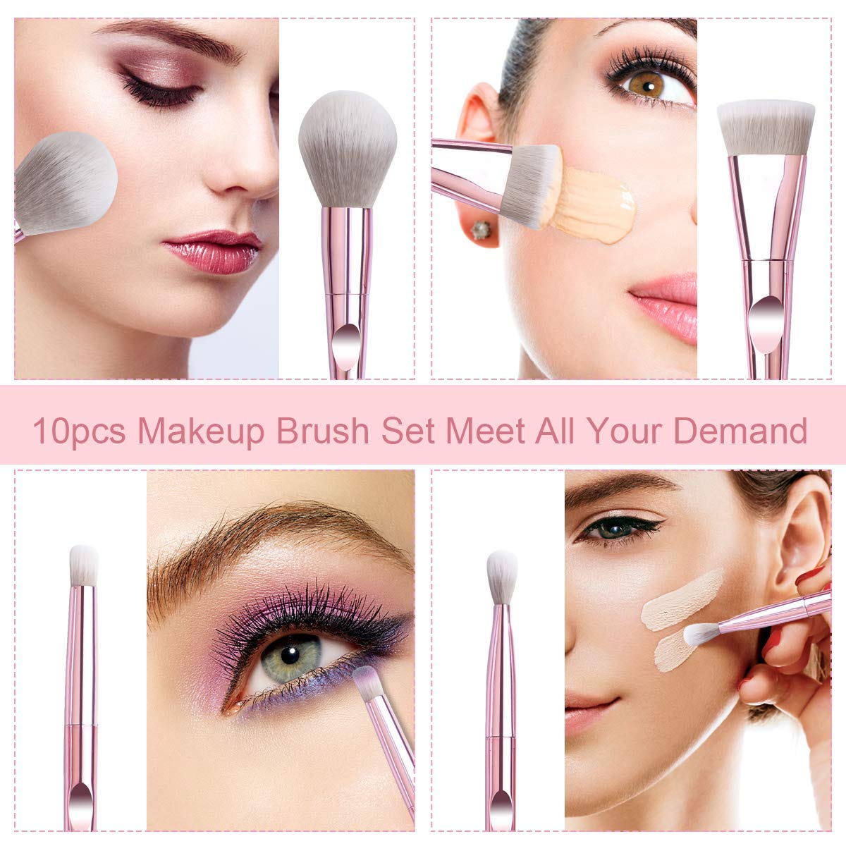 COSLUXE Makeup Brushes Set, 10 Pcs Makeup Brushes Premium Synthetic Eyeshadow Contour Highlight Foundation Professional Makeup Brush Set with Cosmetic Bag for Women Girls - Image 6