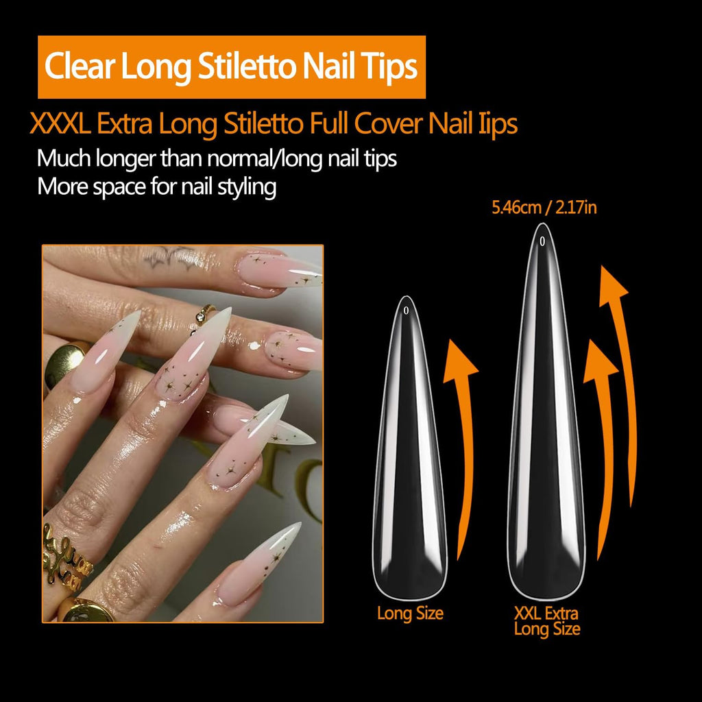 NAILWIND 240Pcs Extra Long Stiletto Nail Tips, 3XL Long Nail Tips Press On Nails, Full Cover No 2 C Curve Stiletto Nails Tips Clear Artificial Acrylic Nails Tips for Salons Home DIY 12 Sizes - Image 2