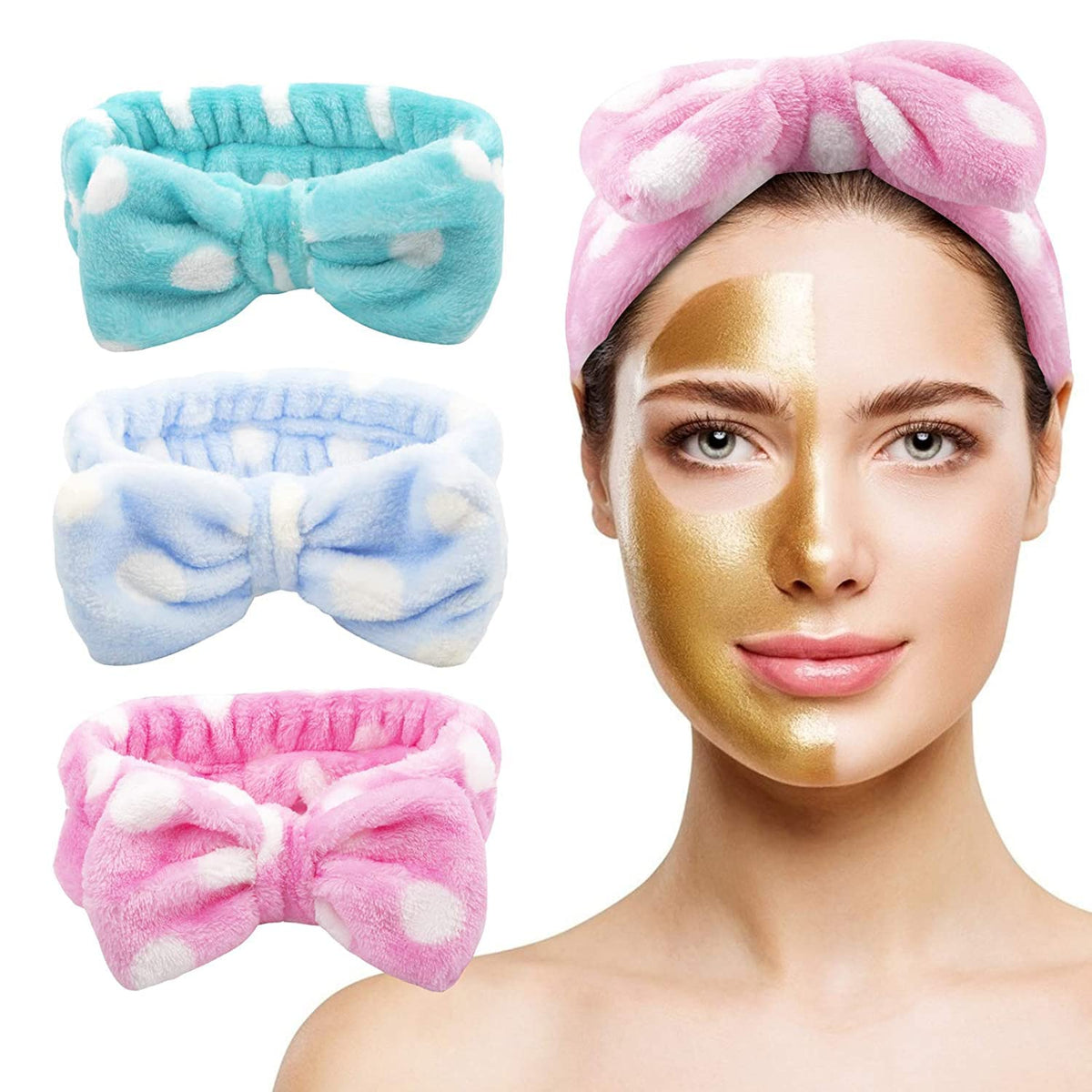 COSLUXE Makeup Headband, Spa Headbands Facial Makeup Cleansing Cute Bow Velvet Elastic Head band for facial Girls women Multicoloured Pack of 1 - Image 2