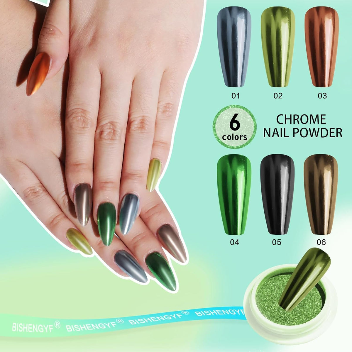 NAILWIND 6 Colors Chrome Nail Powder Set,Metallic Mirror Effect Nail Art Powder,Holographic Pigment Glitter Dust for Gel Polish Manicure Decoration with 6 Eyeshadow Sticks (01) - Image 3