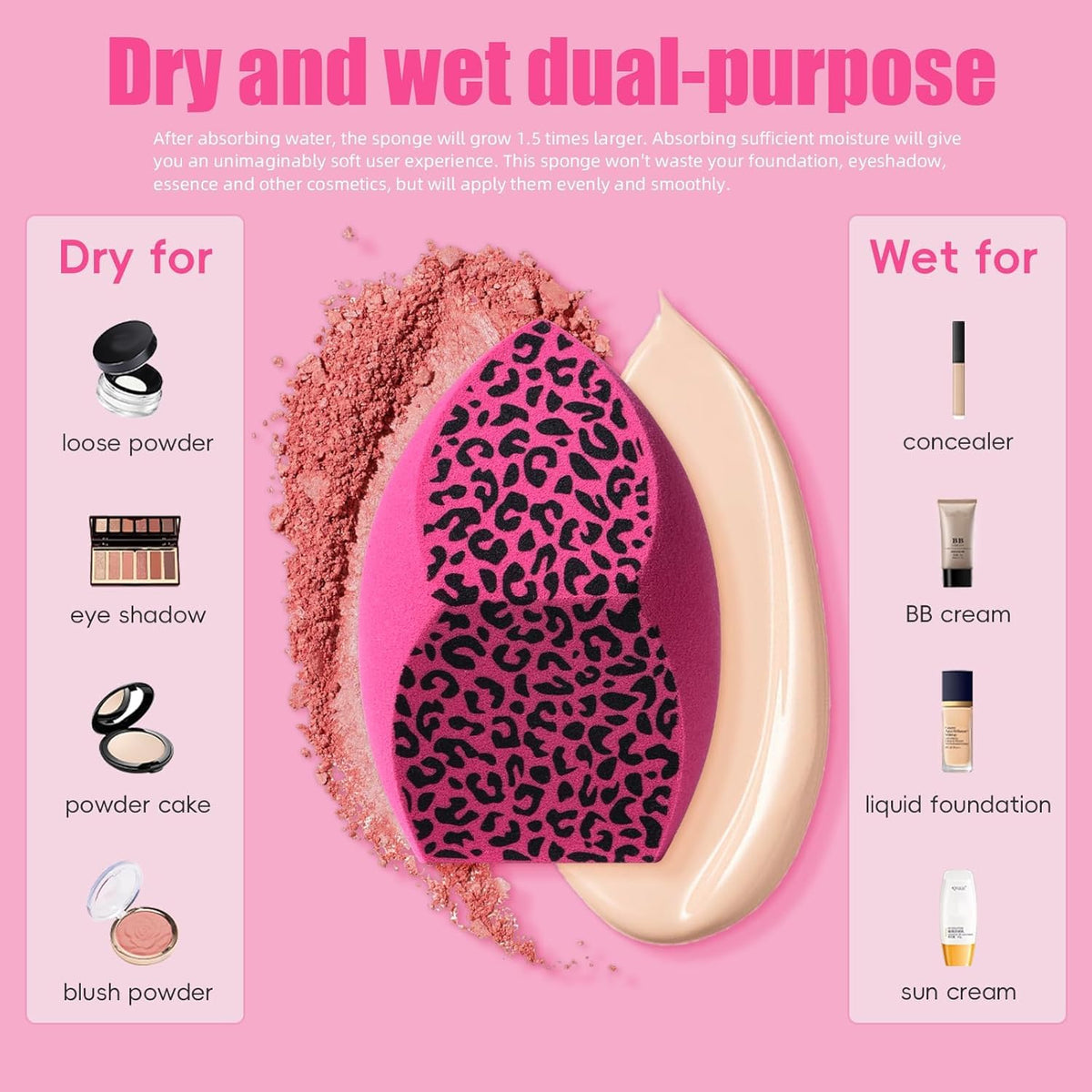 BH STUDIO PRO Dual-purpose Powder Puff & Makeup Sponge – Premium Makeup Sponge Set For Foundation, Loose Powder – Travel-friendly, Multi-purpose Portable Travel 1 Pcs - Multicolored (Leopard print Sponge) - Image 2