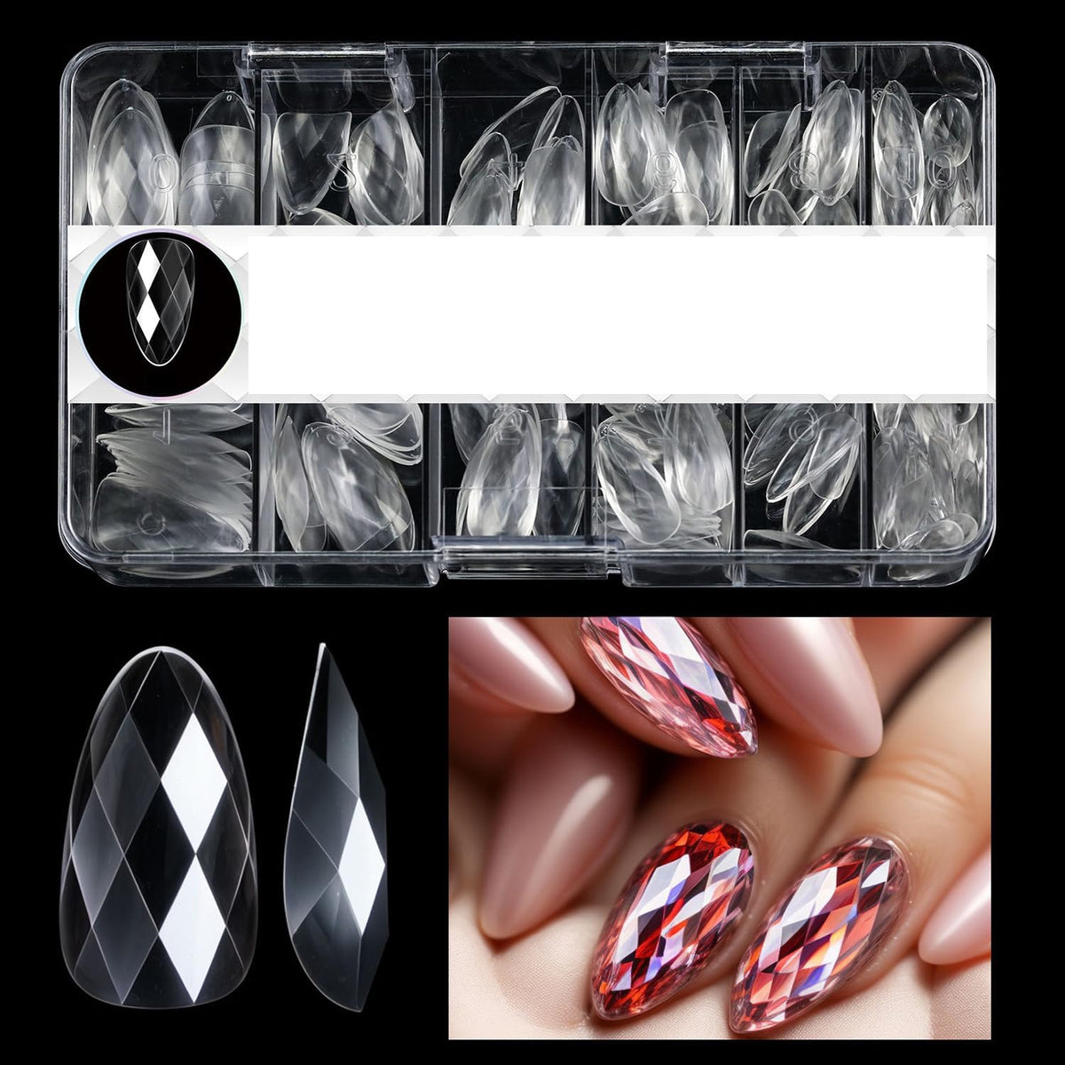 NAILWIND 3D Diamond Shape Designs False Nails,150 Pcs Soft Gel Tips Full Cover Acrylic Nail Tips, Nail Extension 14 Sizes Suitable for Nail Tips Art Salons ? Home CLEAR, SHORT - ALMOND - Image 9