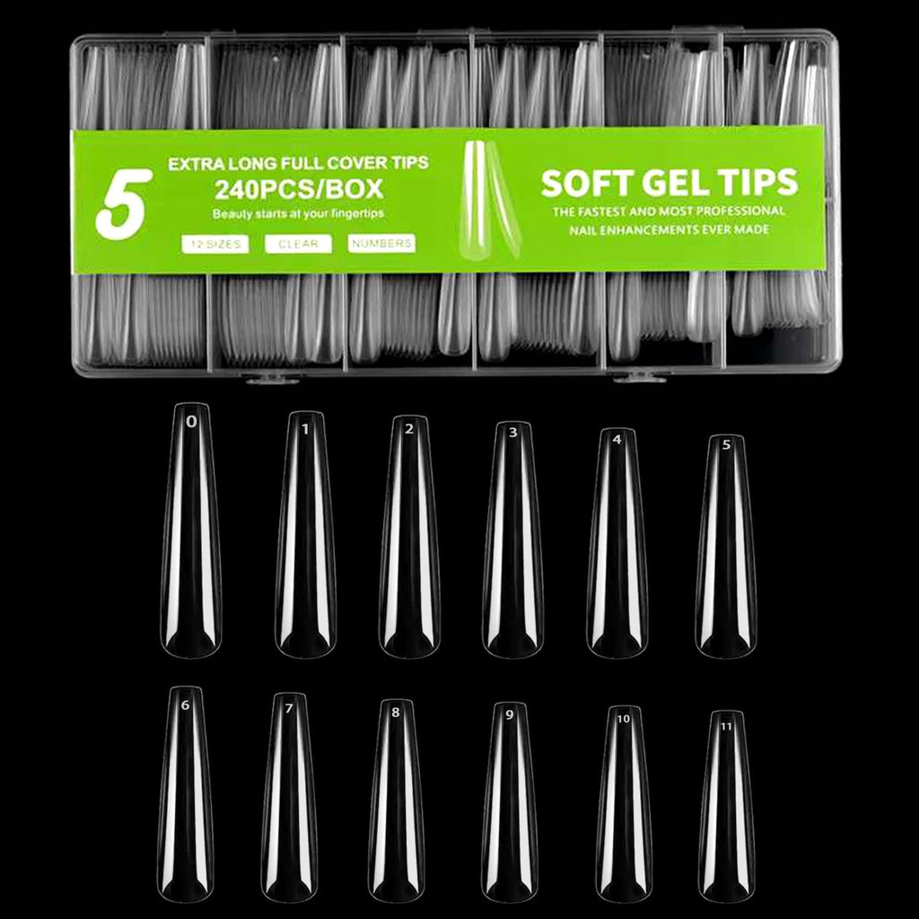 NAILWIND 240PCS Full Cover Long Coffin Nail Tips, 3XL Long Coffin Ballerina Nails Tips Extra Longs Coffins Press On Nail No 5 C Curve, Clear Coffins Ballerina Nails Tip for Acrylic Nail Tips Professional,12 Sizes