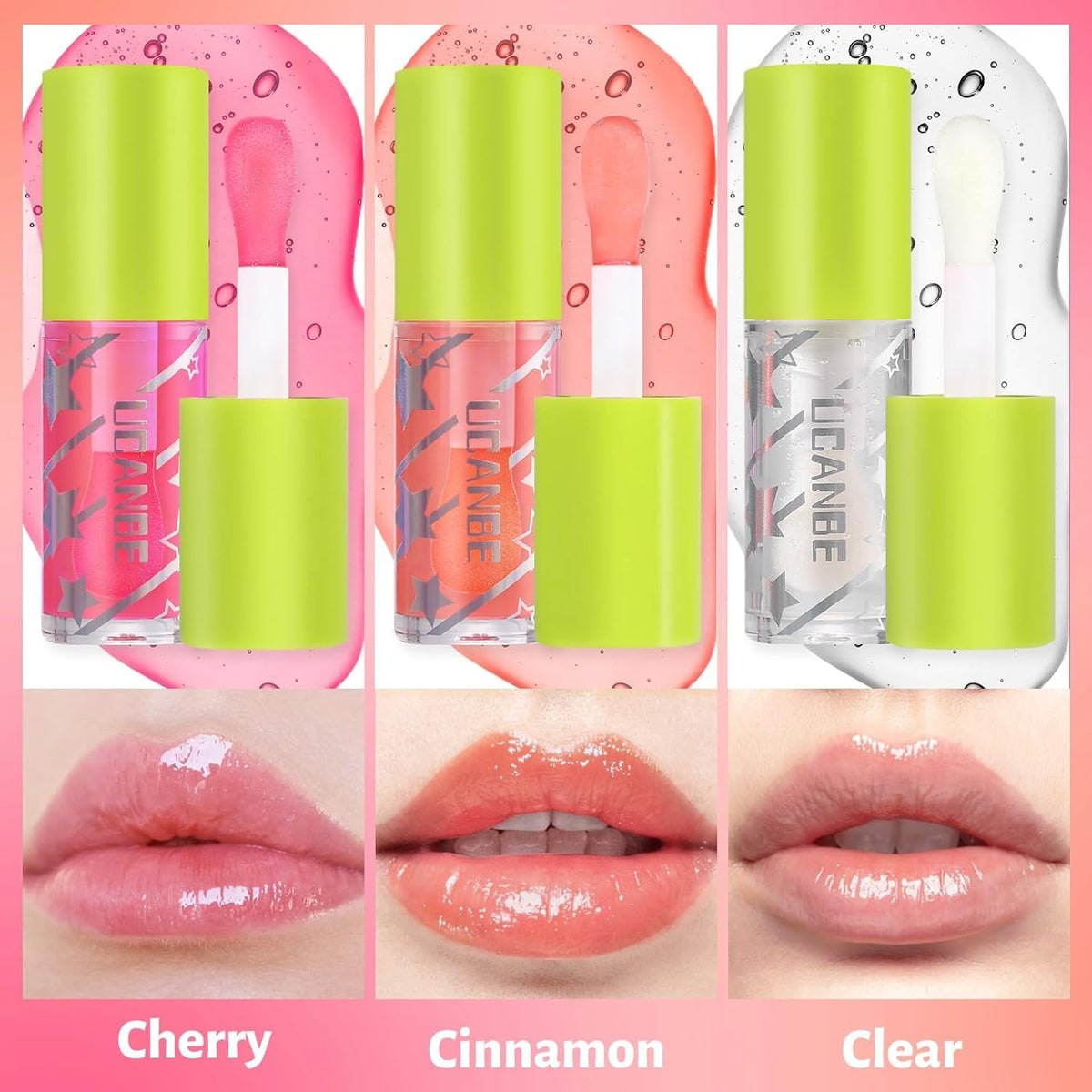 COSLUXE UCANBE 3 Color Hydrating Lip Glow Oil - Natural Plumping Lip Oil,Luxurious Non-Sticky Mositurizing Lip Top Gloss for All-Day Wear and Comfort (01- Clear/Cinnamon/Cherry) - Image 2