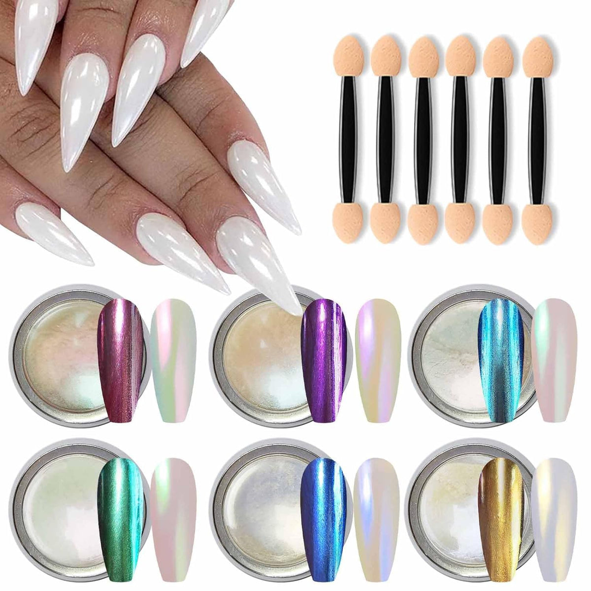 NAILWIND chrome powder, Chrome Nail Powder, 6 - Colors White Pearl Chrome Nail Powder Set, Metallic Nail Powder Mirror Effect White Chrome Powder Iridescent Nails Powder Manicure Pigment - Image 3
