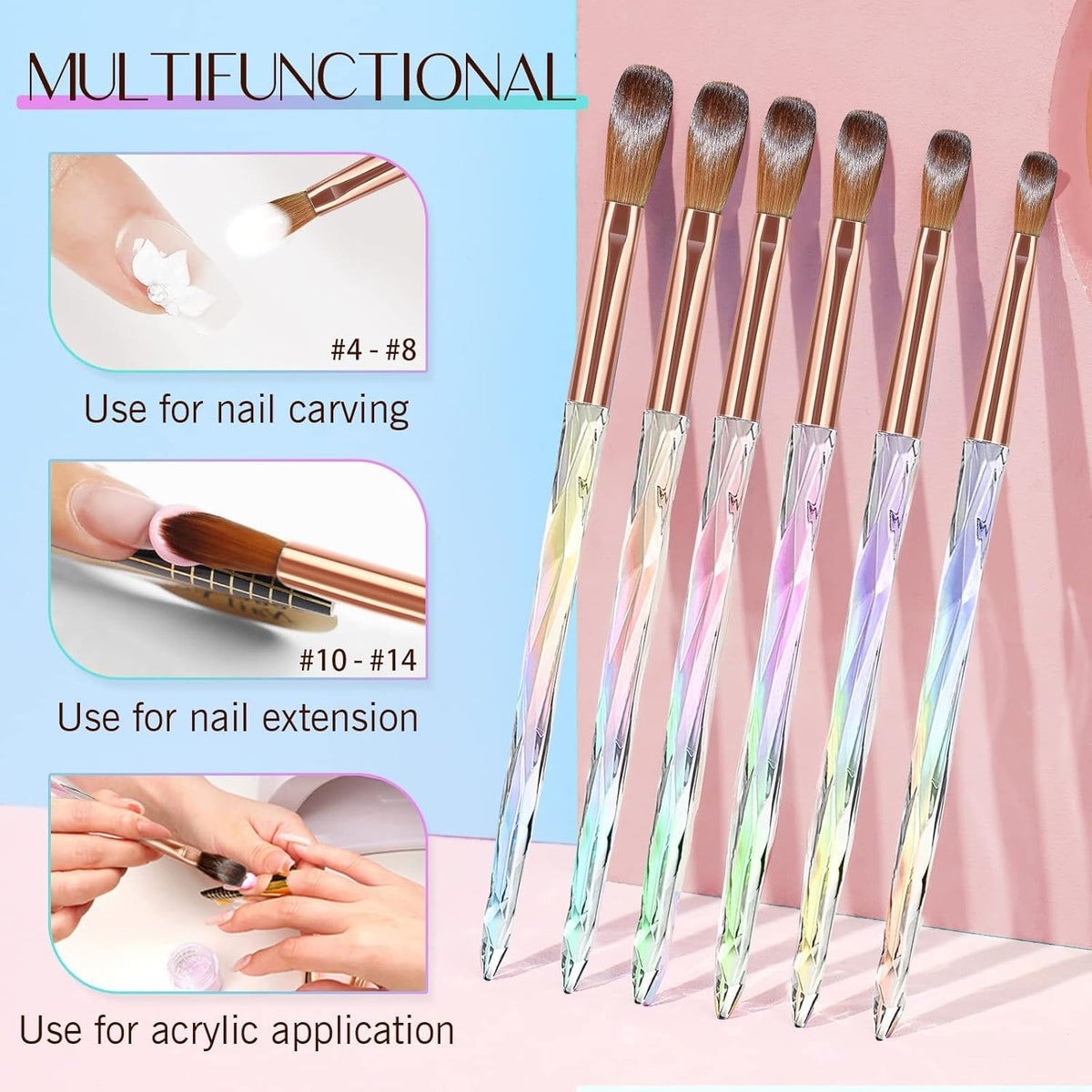 NAILWIND Acrylic Brush Set 6PCS Professional Nail Brushes for Application, Powder, Art Extension, 3D Carving, Manicure Tool, Home DIY - Sizes 4/6/8/10/12/14 - Image 3