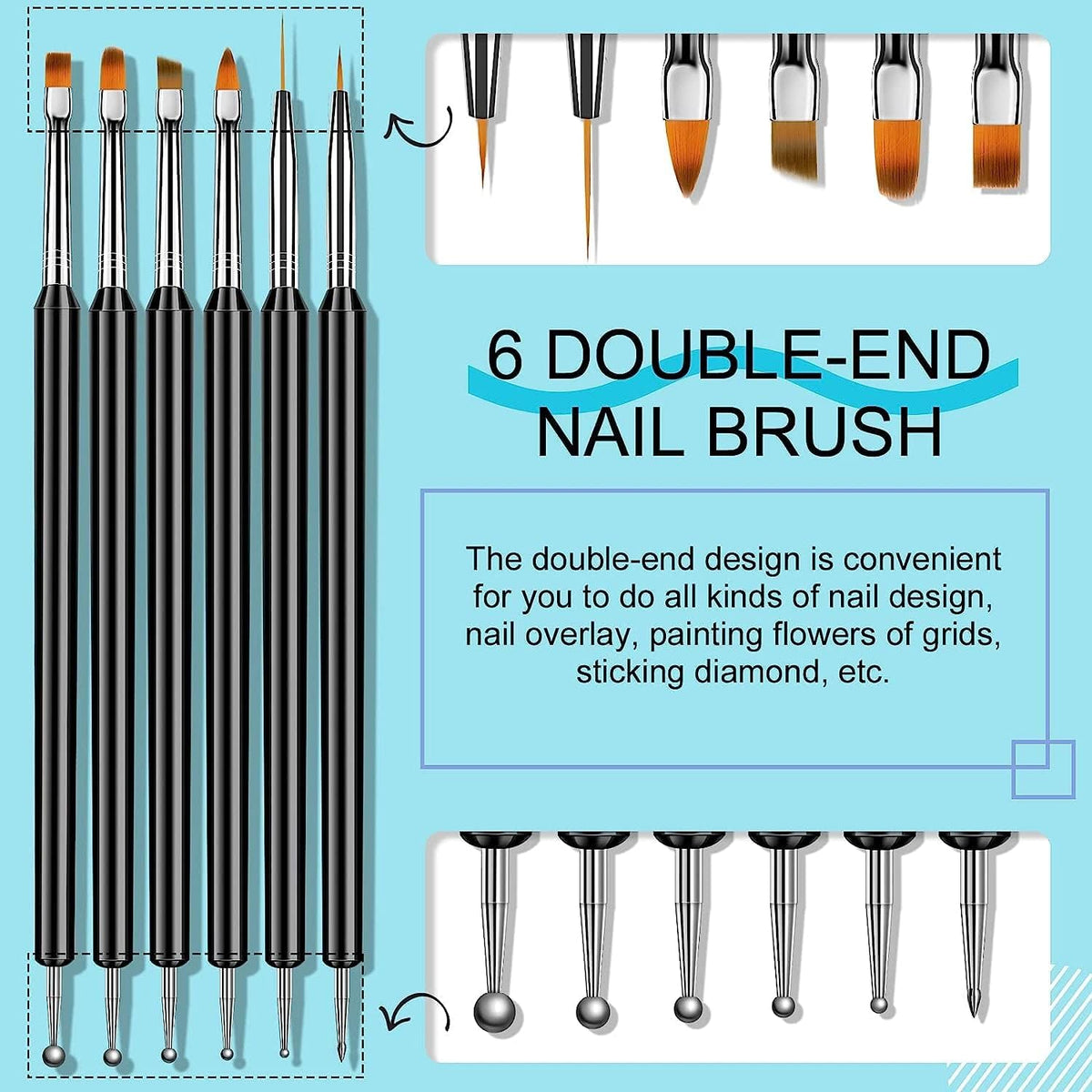 NAILWIND Nail Art Brush Set - 6pcs Double-End Nail Art Brushes Kit Professional Manicure Tools Kit with Painting Dotting Line Pen for Gel Polish Nail Designs Nail Carving French Nails - Image 2