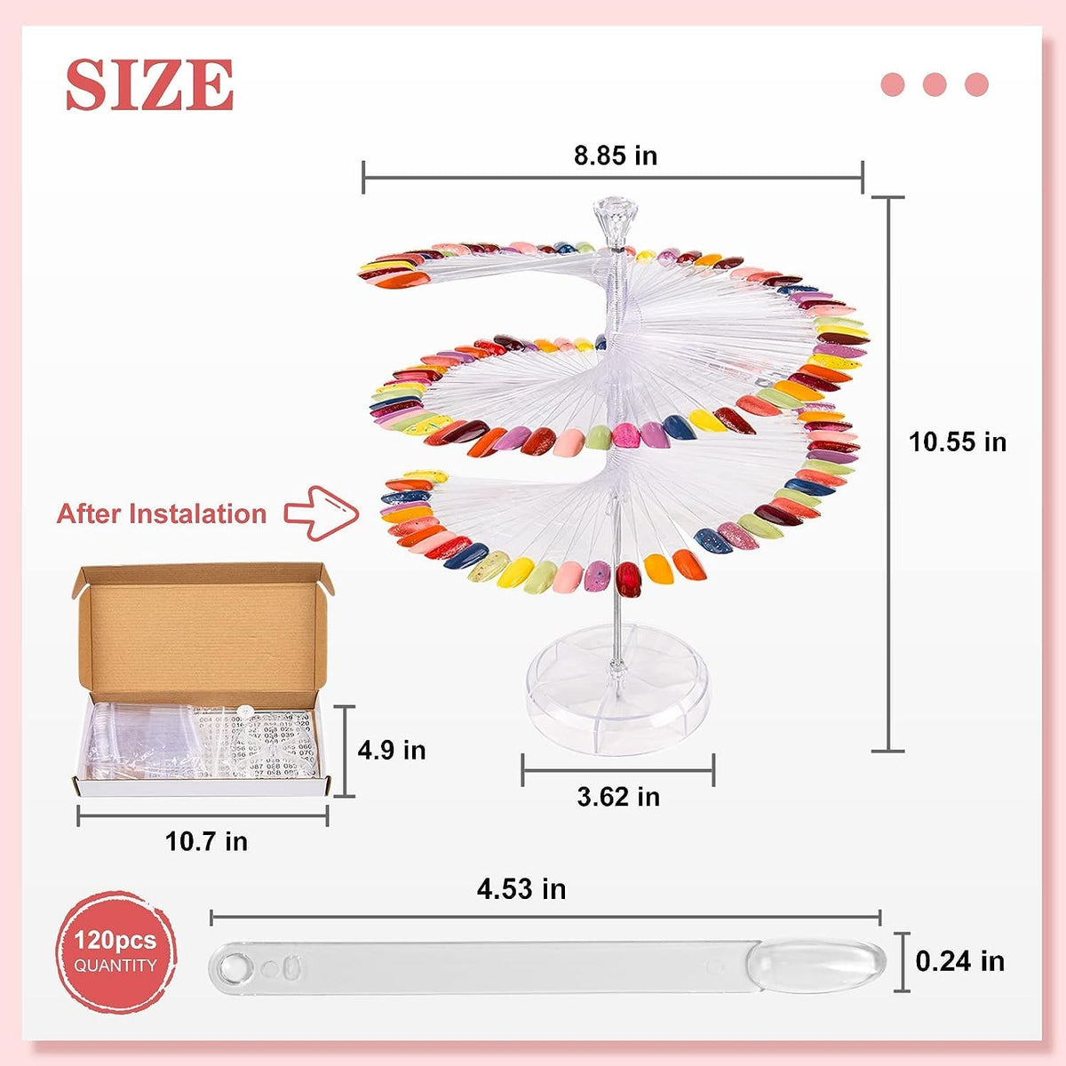 COSLUXE False Nail Practic Tips Nail Color Display, Nail Art Color Chart Display Stand Spiral False Nails Display Shelf Practice Tools For Solon Nails Polish Gel Show (120 pcs, Transparent) - Image 3