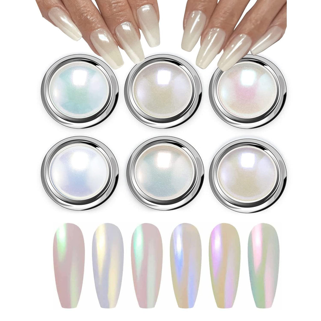NAILWIND chrome powder, Chrome Nail Powder, 6 - Colors White Pearl Chrome Nail Powder Set, Metallic Nail Powder Mirror Effect White Chrome Powder Iridescent Nails Powder Manicure Pigment