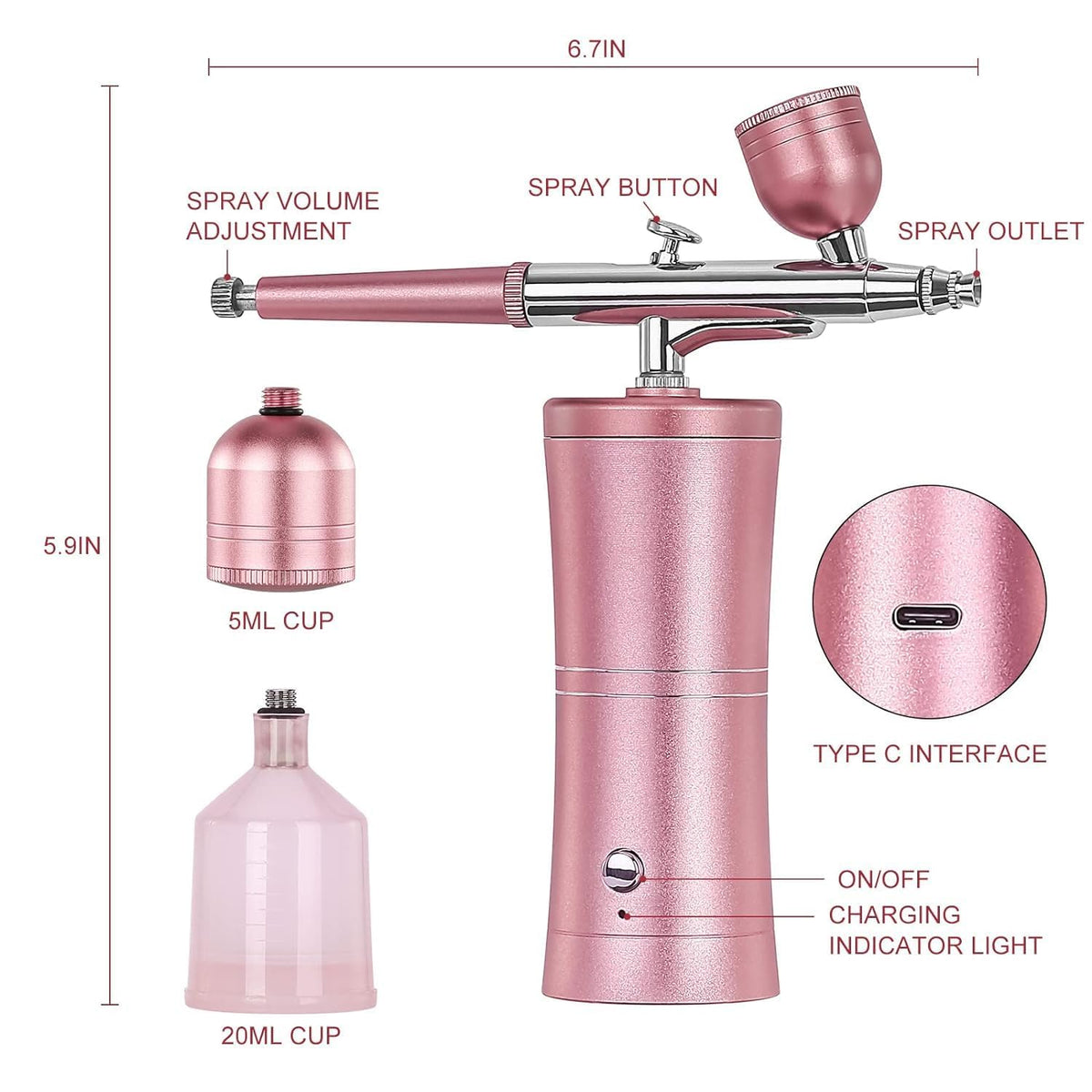 COSLUXE Air brush Set, Professional Facial Makeup Airbrush Gun Kit, USB Rechargeable Air Brush Pen for Makeup Skin SPA Art Nail Painting Tattoo Manicure Cakes DIY, with 3 Capacity Cups - Image 8