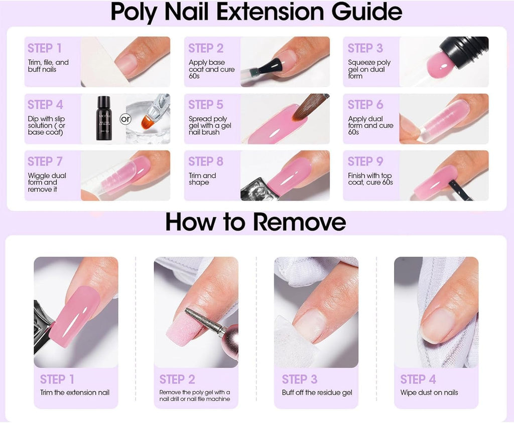 NAILWIND Poly Gel Nail extension kit - 3 Colors Clear, White, Pink, Builder Nails Gel Set with Nail Lamp, Nails' Extension Set With Slip Solution, Poly clips,for Women Girls - Image 6