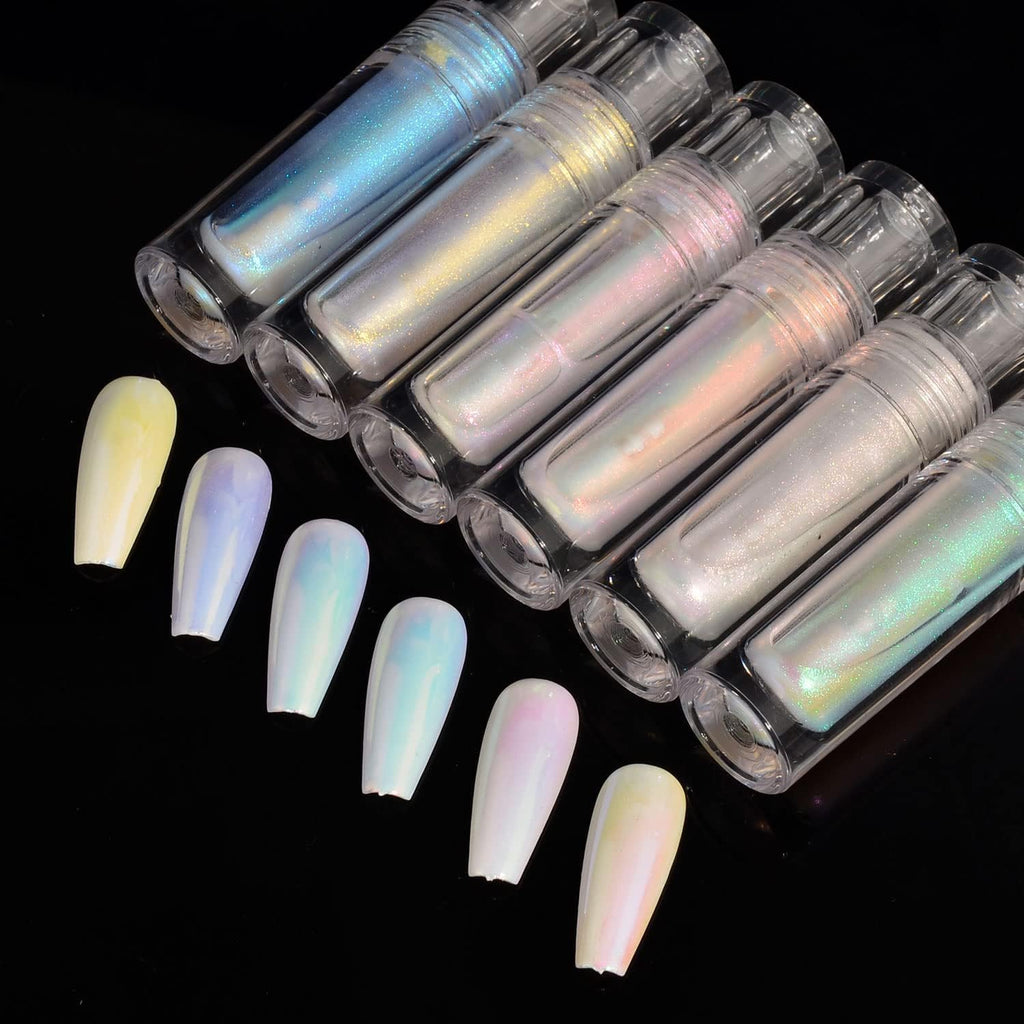 NAILWIND Pearl Liquid Nail Powder,Pearl White Pearlescent Ice Aurora Dust Nail Powder, Chameleon Holographic Chrome Iridescent, Mirror Effect Pigment High Gloss Nail Art Glitter for Home DIY Nail Tips, 2.4g X 6 Pcs Set