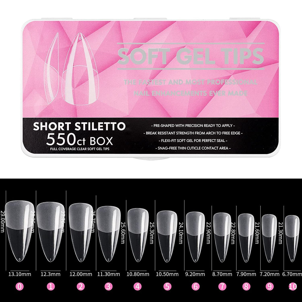 NAILWIND gel Nail Tips, Short stiletto soft Gel Full Cover Nails, Clear Acrylic Tips Artificial False Nails with Box Fake Nail Extension for Nail Salons DIY, 550 pcs