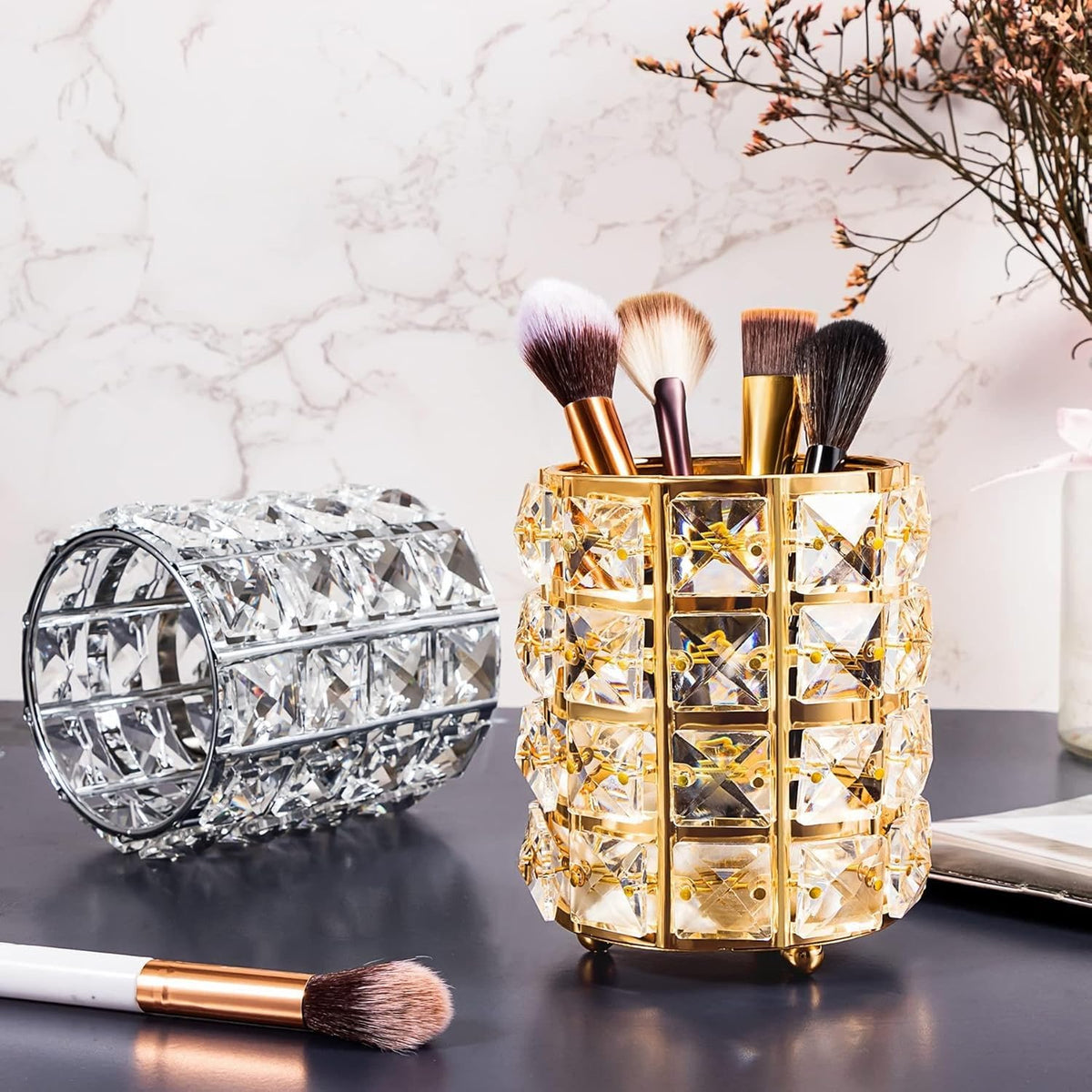 COSLUXE Professional 1 Pc Crystal Cosmetic Makeup Brush Storage Holder Organiser Lipstick Pen Storage Box Embellished Stand for Dressing Table Gold - Image 3