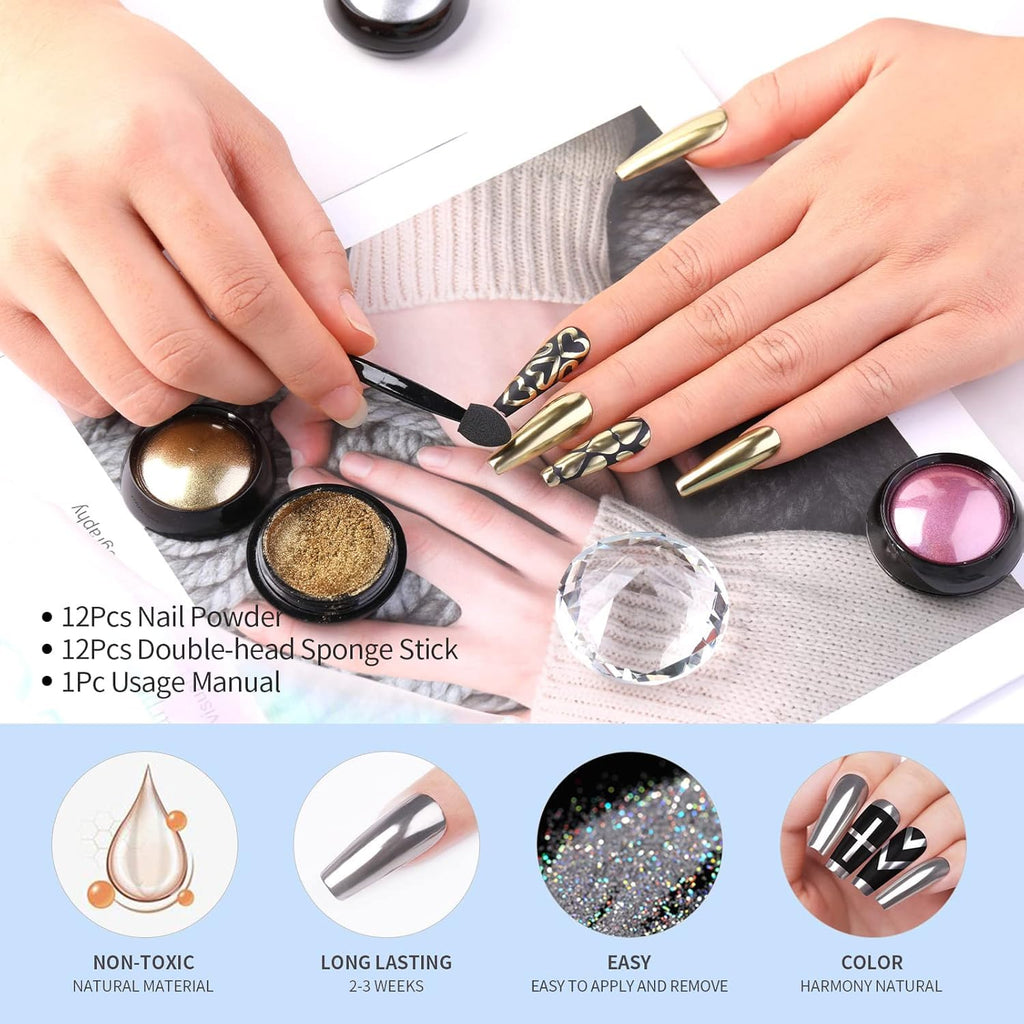 NAILWIND Colors Chrome Nail Powder Set, Gold, Silver,Red,Pink Reflective Glitter Metallic Mirror Effect for Nails Art Design 3D Holographic Silver Rose Gold Pigment 4 - Pcs set, - Image 6