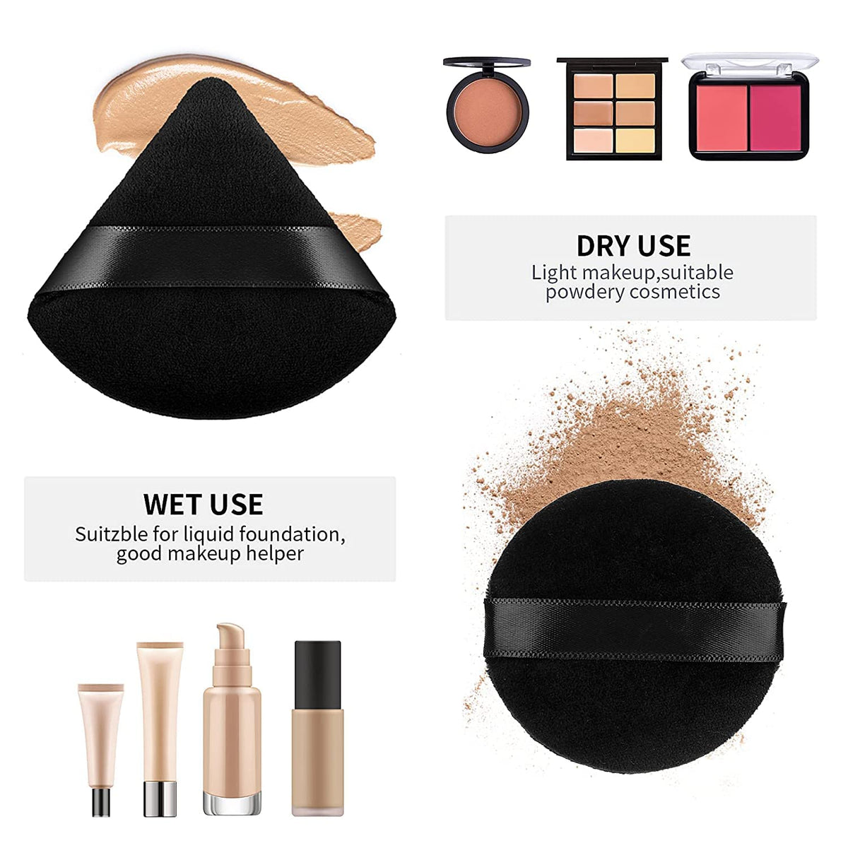 COSLUXE 2 Pieces Powder Puffs Triangle Round Cosmetic Powder Puff Washable Reusable Soft Powder Sponge Makeup Foundation Sponge for Face Body Loose Powder Wet Dry Makeup Tool - Image 4