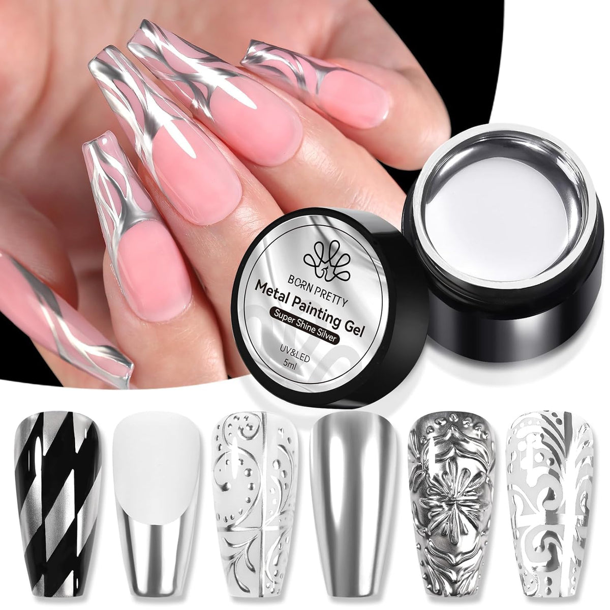 NAILWIND Metallic Gel Nail Polish - 8ml, Metallic Gel Silver Painted Nails Polish 3D Metal Painting Gel Drawing Mirror Nails Gel's Polish Glossy Soak Off DIY Nails Art Manicure