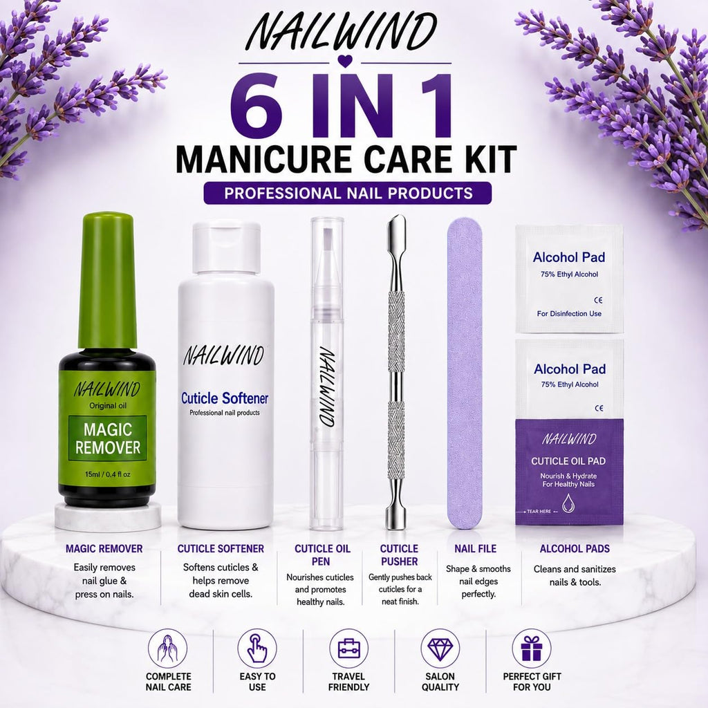 NAILWIND Nail Polish Remover & Manicure Care Kit, 6 Component Set with 15 ml Magic Remover, 100 ml Cuticle Softener, 3 ml Cuticle Oil Pen, 3 Alcohol Pads, Nail File & Cuticle Pusher - Image 2