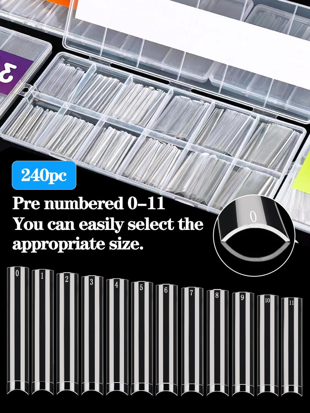 NAILWIND 240PCS No 4 C Curve Square Nail Tips, XXXL Half Cover Clear Nail Tips for Acrylic Nails, 3XL Straight Tapered Square Fake Nail Tip Set, 12 Sizes Flattened Acrylic Nail Tip for Nail Salons and DIY - Image 5