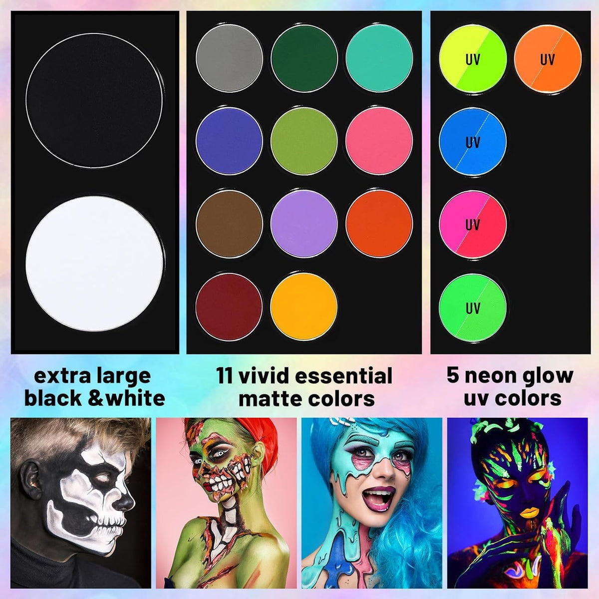 UCANBE Face Body Paint 18 Colors, Water Based Face Painting Kit with Large White Black & Neon Glow UV Facepaint SFX Makeup Palette for Halloween Party Costume Cosplay & Stage Make Up - Image 5