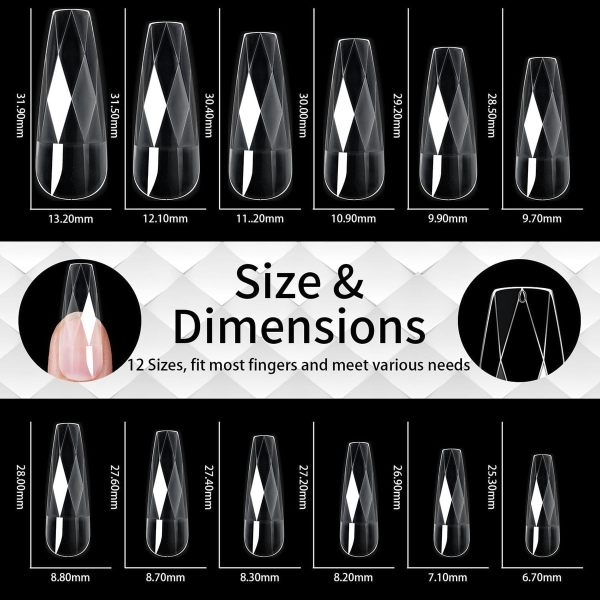 NAILWIND 3D Diamond Shape Designs False Nails,150 Pcs Soft Gel Tips Full Cover Acrylic Nail Tips, Nail Extension 14 Sizes Suitable for Nail Tips Art Salons ? Home (CLEAR, COFFIN) - Image 3