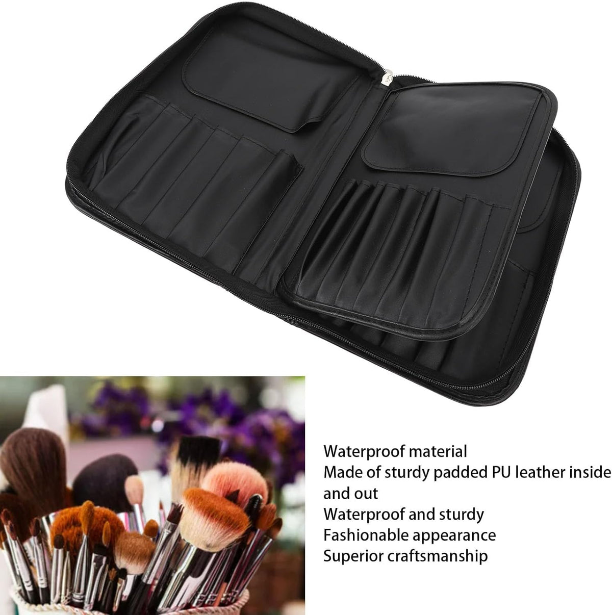 COSLUXE BEILI Makeup Brush Holder Bag, Professional Makeup Brushes Organizer Bag Makeup Artist Cosmetic Case Leather Handbag Black Travel Portable - Image 6