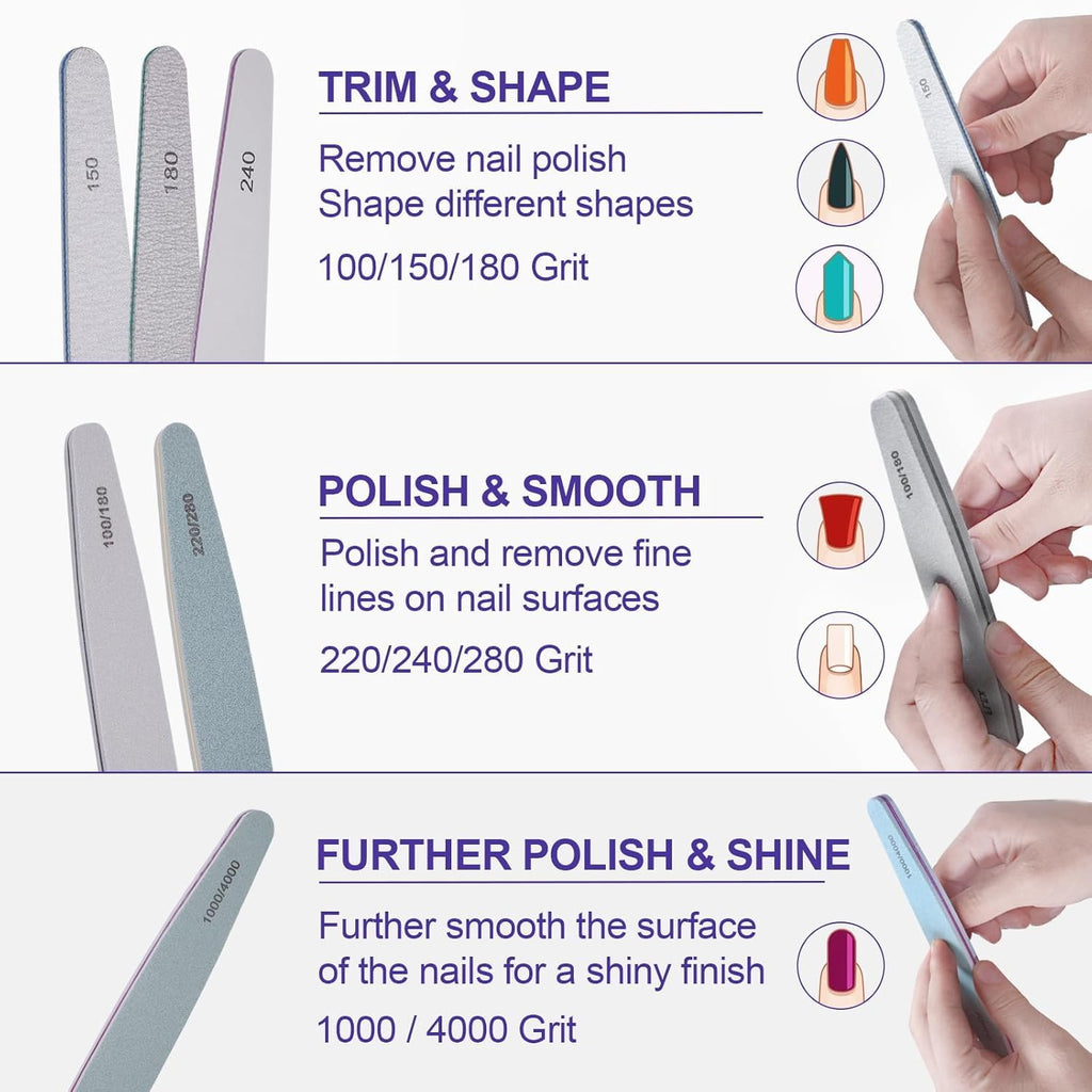 NAILWIND 6pcs Nail Files Set for Manicure | Professional Nail File Kit for Acrylic and Natural Nails | Emery Boards for Nails, Nails Buffer and Shine Kit Nail Filer | Emery Boards for Acrylic & Natural Nail 100/ 150/ 180/ 220/ 240/ 280/ 1000/4000 Grid - Image 7