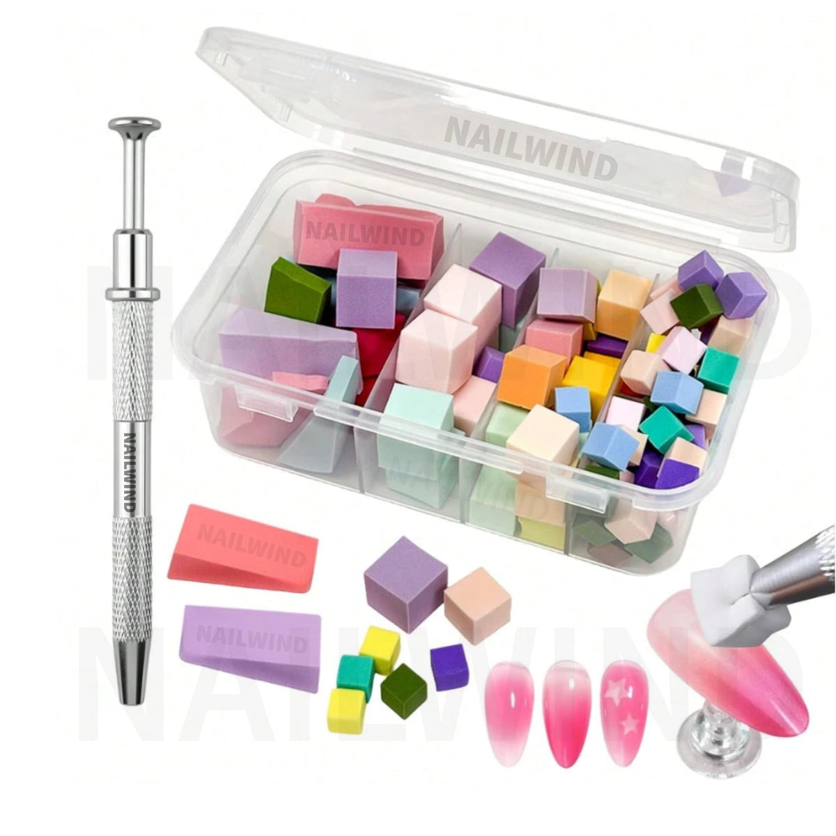 NAILWIND 4 Size 100 Pcs Nail Art Sponge Set with Grip Clip, Mixed Shape Polishing Sponges with Storage Box for Nail Blending, Shaping, Smoothing & Polishing