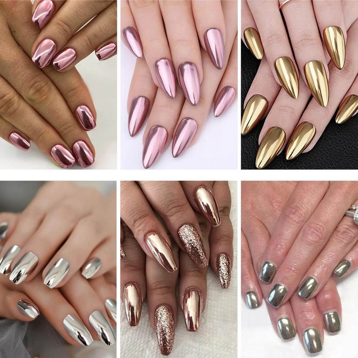 NAILWIND 6 Colors Chrome Nail Powder Set,Metallic Mirror Effect Nail Art Powder,Holographic Pigment Glitter Dust for Gel Polish Manicure Decoration with 6 Eyeshadow Sticks (06) - Image 5