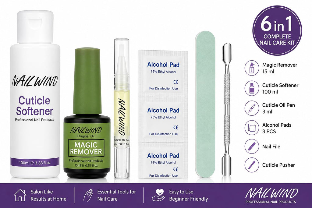 NAILWIND Nail Polish Remover & Manicure Care Kit, 6 Component Set with 15 ml Magic Remover, 100 ml Cuticle Softener, 3 ml Cuticle Oil Pen, 3 Alcohol Pads, Nail File & Cuticle Pusher - Image 5