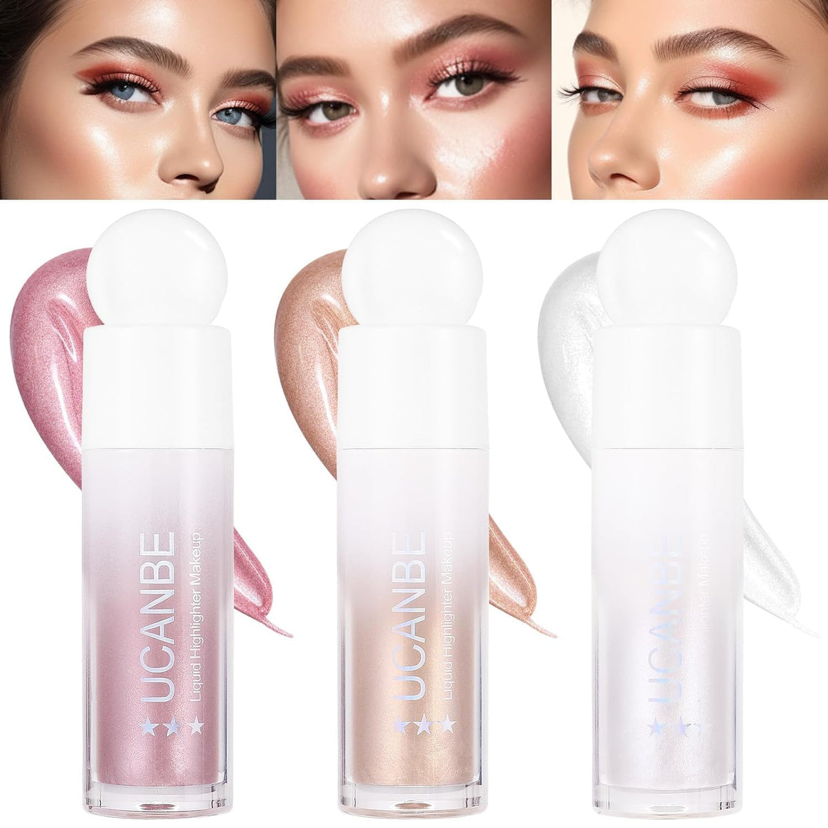 COSLUXE UCANBE 3 - Pack Liquid Face Highlighter Makeup Set - Multifunctional Luminous Glow, Natural Radiance Sparkly Glitter Body Shimmer Liquid Luminizer Sticks - Suitable for Face, Eyes,