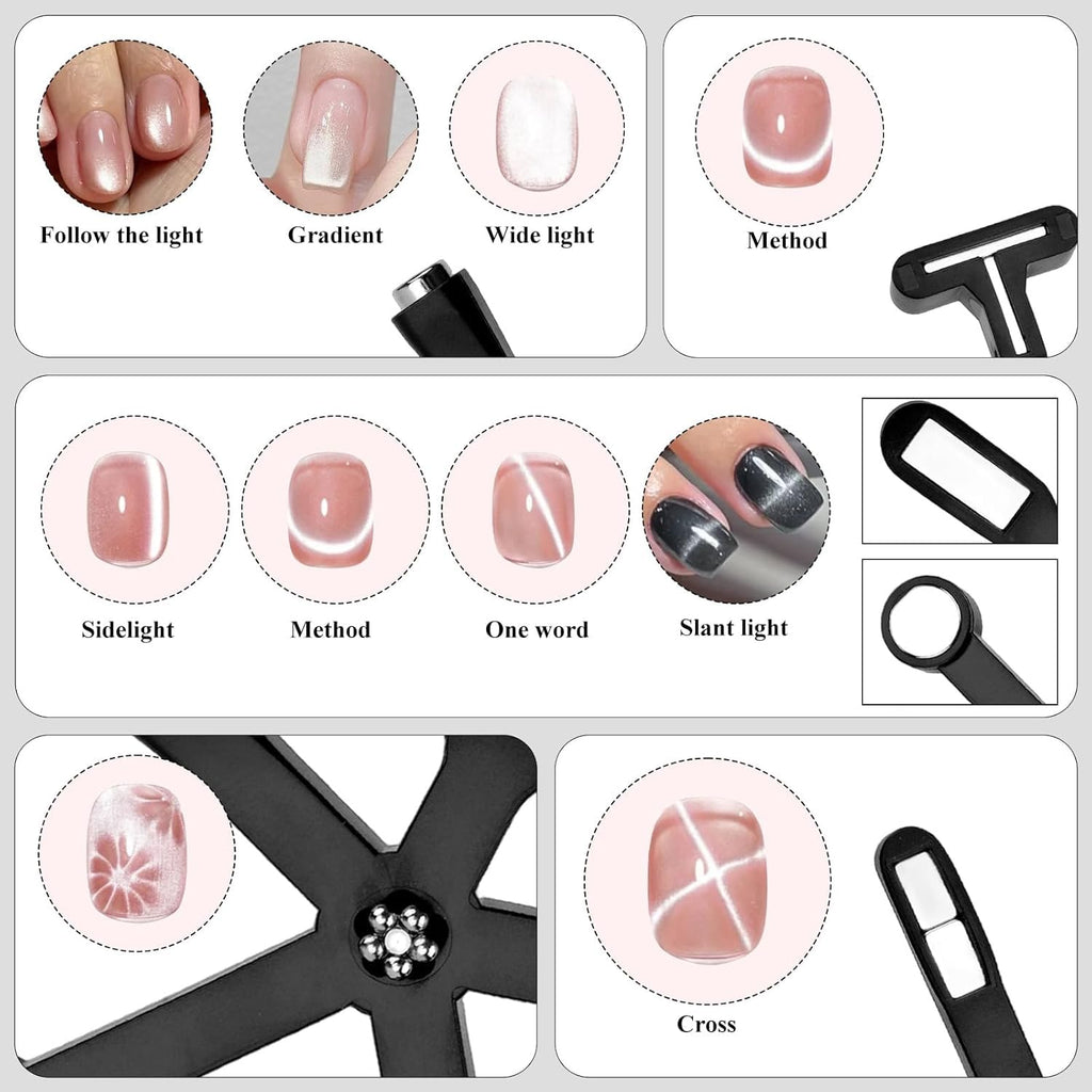 NAILWIND 6 in 1 Cat Eye Magnet for Nails, Multi-Function Strong Magnetic Nail Polish Tools Art Magnet for Cat Eye Gel Polish, 9D Stripes, Galaxy French Nail Designs, and DIY Home Salon Manicure - Image 4