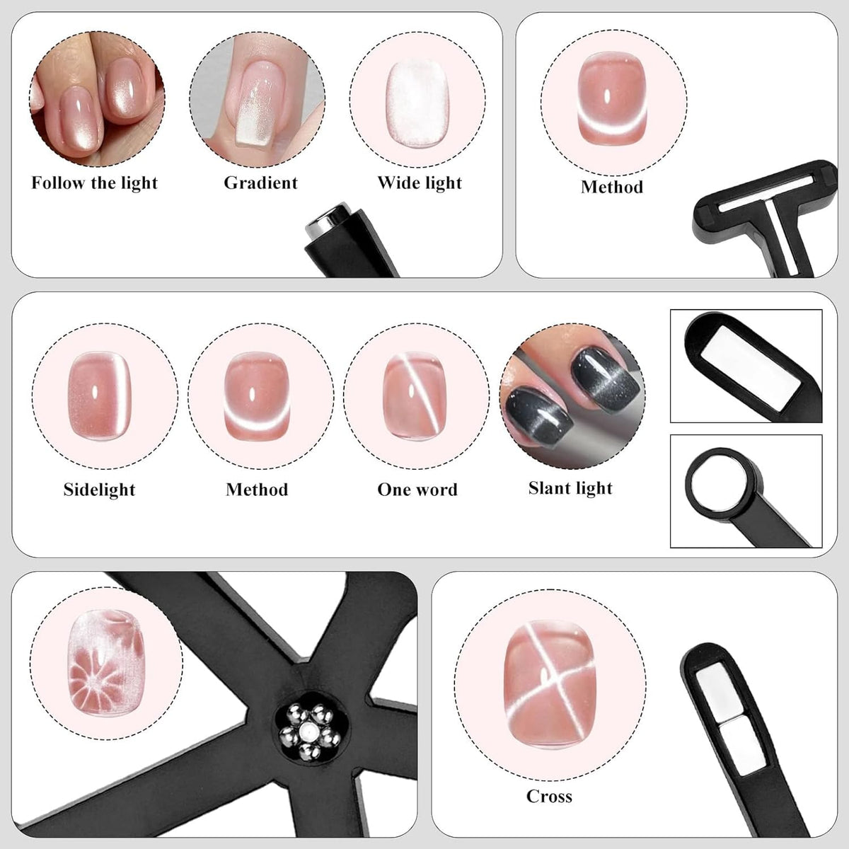 NAILWIND 6 in 1 Cat Eye Magnet for Nails, Multi-Function Strong Magnetic Nail Polish Tools Art Magnet for Cat Eye Gel Polish, 9D Stripes, Galaxy French Nail Designs, and DIY Home Salon Manicure - Image 4