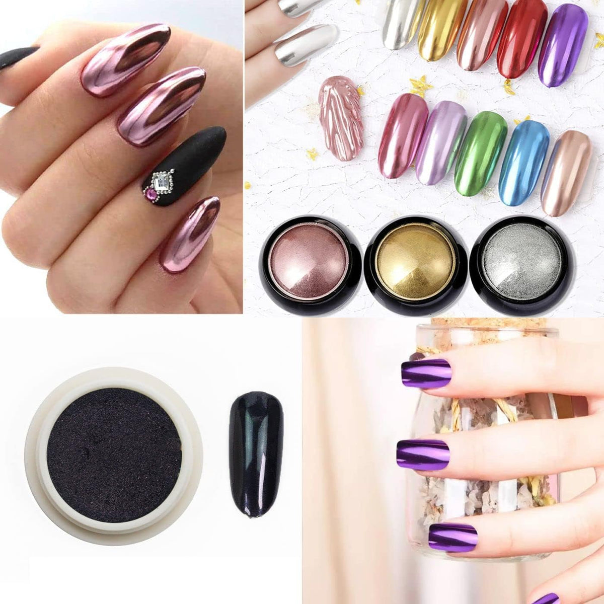 Nailwind Chrome Nail Powder, Black Mirror Nail Powder - Glossy, Glitter & Mirror Effect - DIY Nail Art Accessory with Metallic Pigments - Black - Image 8