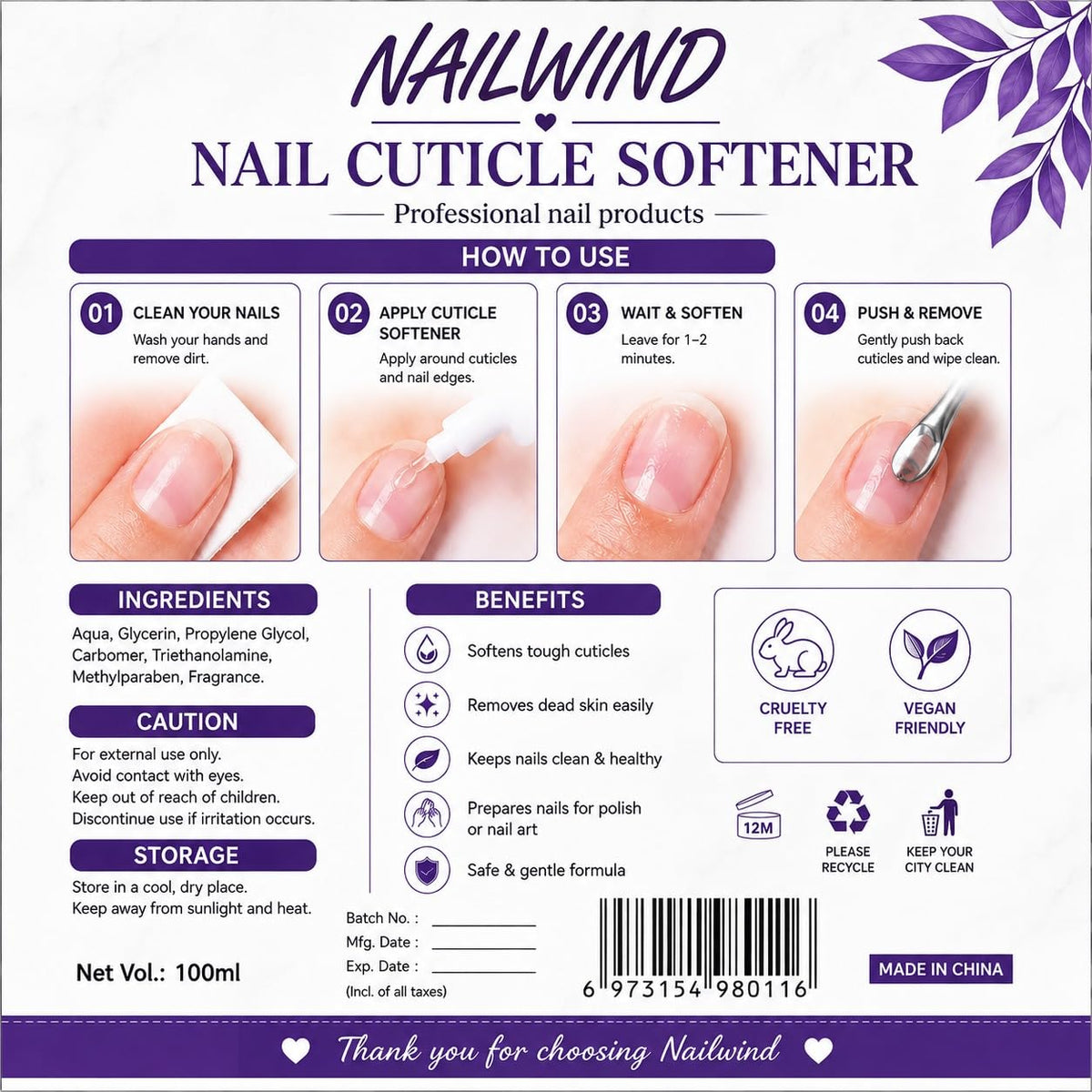 NAILWIND Nail Polish Remover & Manicure Care Kit, 6 Component Set with 15 ml Magic Remover, 100 ml Cuticle Softener, 3 ml Cuticle Oil Pen, 3 Alcohol Pads, Nail File & Cuticle Pusher - Image 4