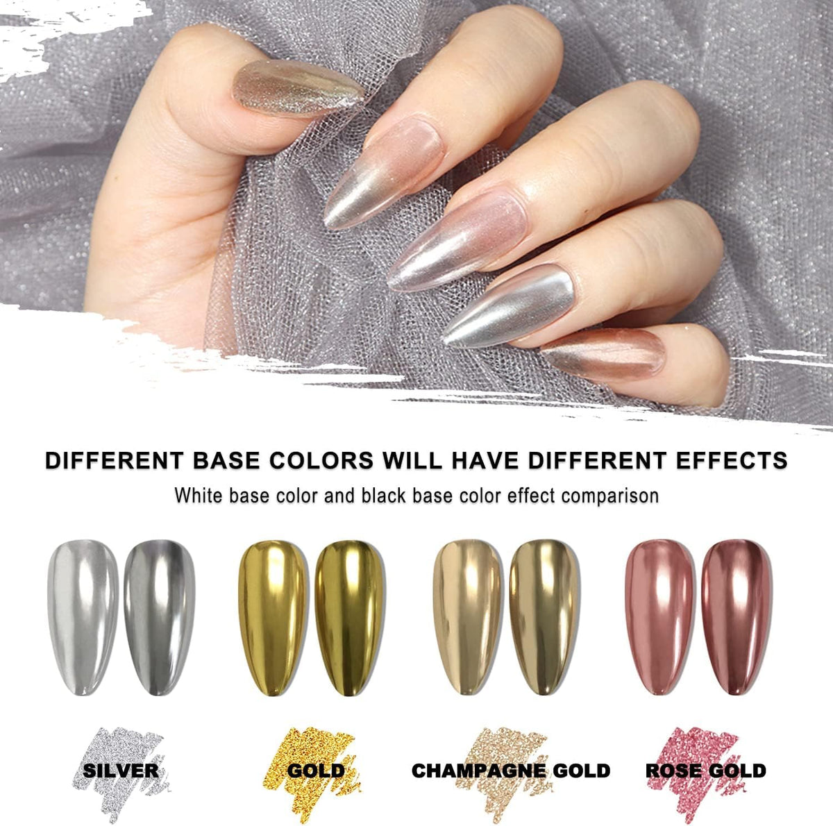 NAILWIND 4 Colors Chrome Nail Powder Set, Gold, Silver,Purple,Coper Reflective Glitter Metallic Mirror Effect for Nails Art Design 3D Holographic Nail Art Powder Nail Decoration - Image 2
