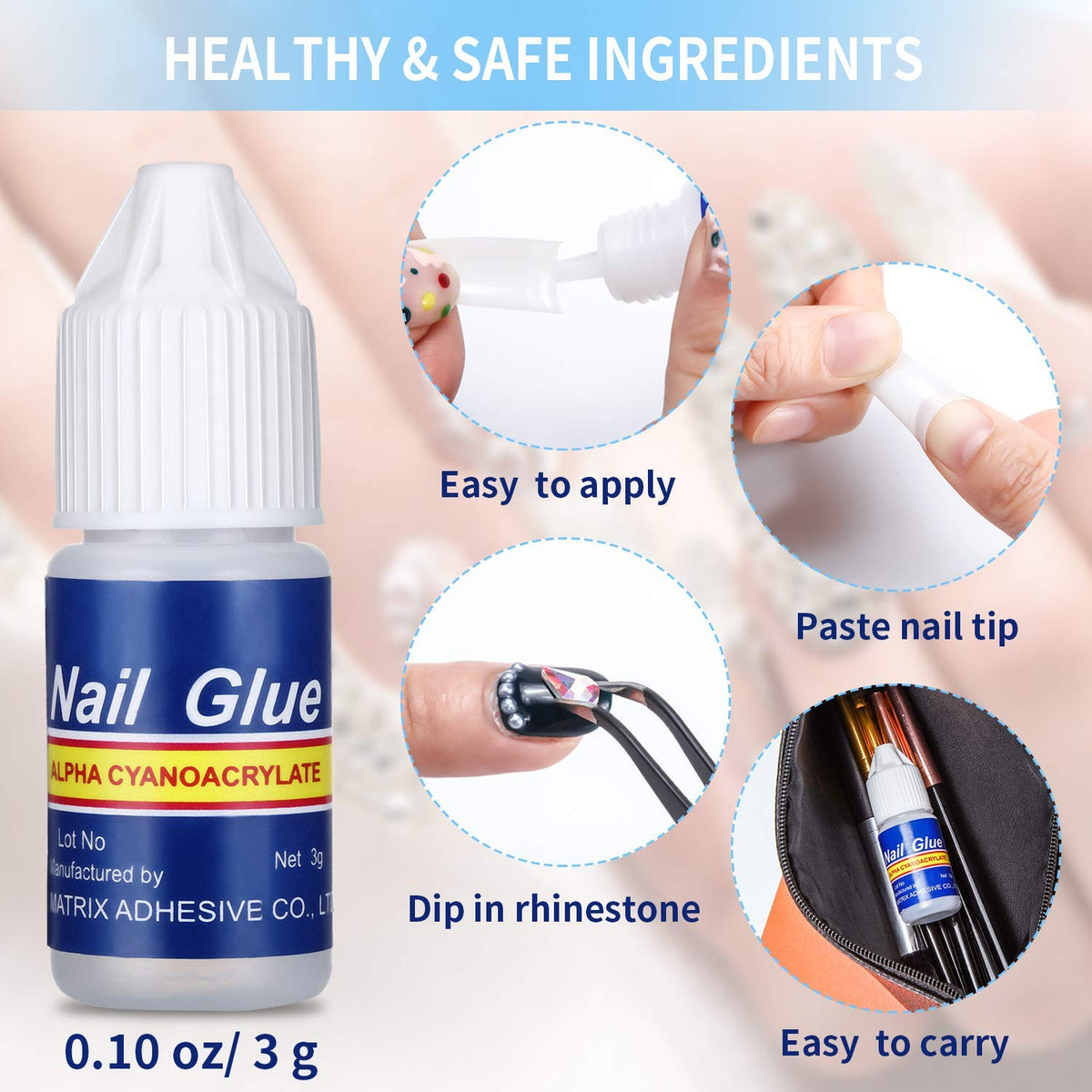 Cosluxe Professional Super Glue Stronger For Artificial Or Fake Nails, Nail Art 3g | Extra Strong for Acrylic, Waterproof Long Lasting Bond, Professional for Nail Tips (5 Pcs) - Image 2