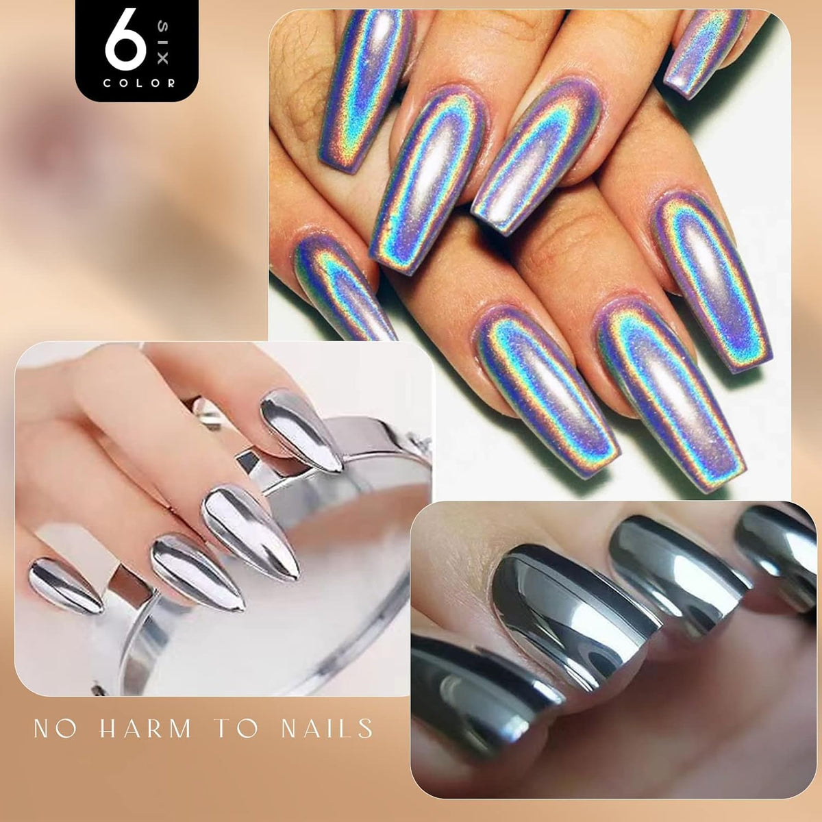 NAILWIND 6 Colors Chrome Nail Powder Set,Metallic Mirror Effect Nail Art Powder,Holographic Pigment Glitter Dust for Gel Polish Manicure Decoration with 6 Eyeshadow Sticks (06) - Image 3
