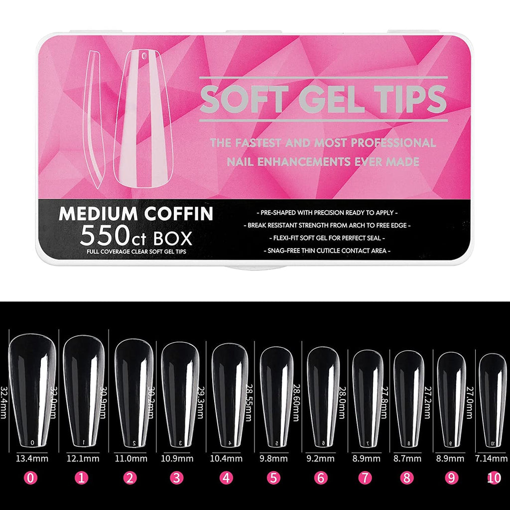 NAILWIND Nail Tips, Coffin Soft Gel Nail Tips, 550 pcs Medium Coffin Press On Nails, 11 Sizes Full Cover Acrylic False Nail Tips, for Beginner and Professional Home Salon Diy 01 - 