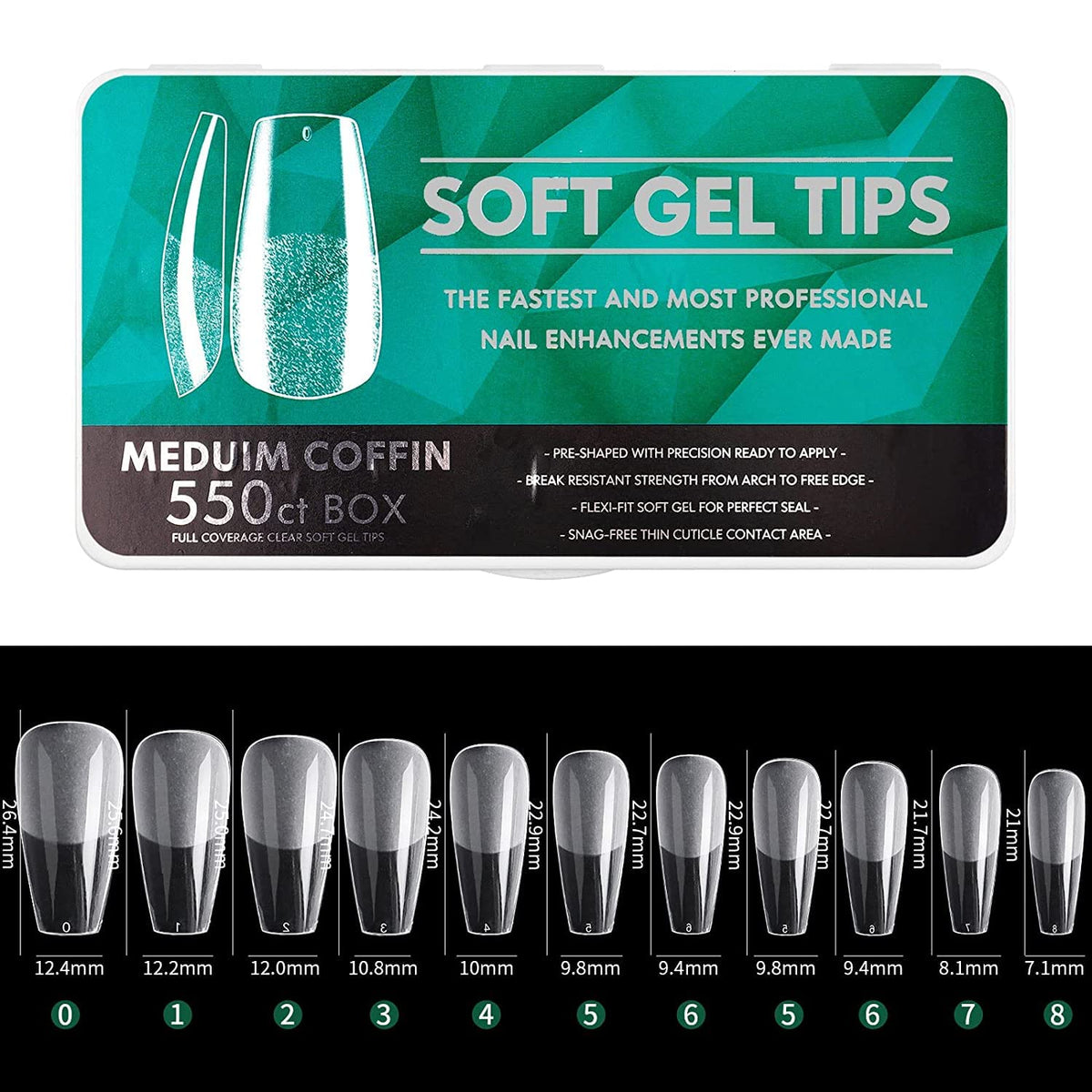 NAILWIND Nail Tips, soft Gel Full Cover Nails,550Pcs Coffin Soft Gel Nail Tips, Medium Coffin Press On Nails, 11 Sizes Full Cover Acrylic False Nail Tips, for Beginner and Professi