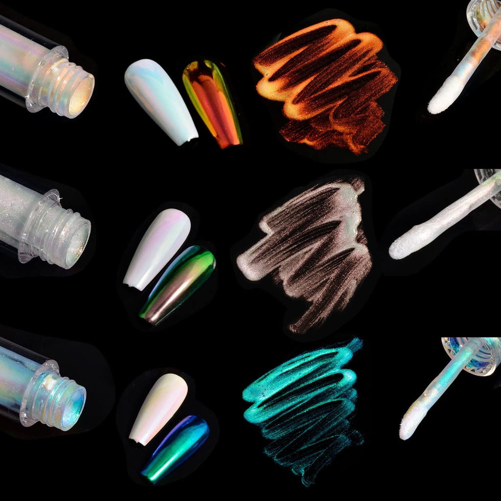 NAILWIND Pearl Liquid Nail Powder,Pearl White Pearlescent Ice Aurora Dust Nail Powder, Chameleon Holographic Chrome Iridescent, Mirror Effect Pigment High Gloss Nail Art Glitter for Home DIY Nail Tips, 2.4g X 6 Pcs Set - Image 8