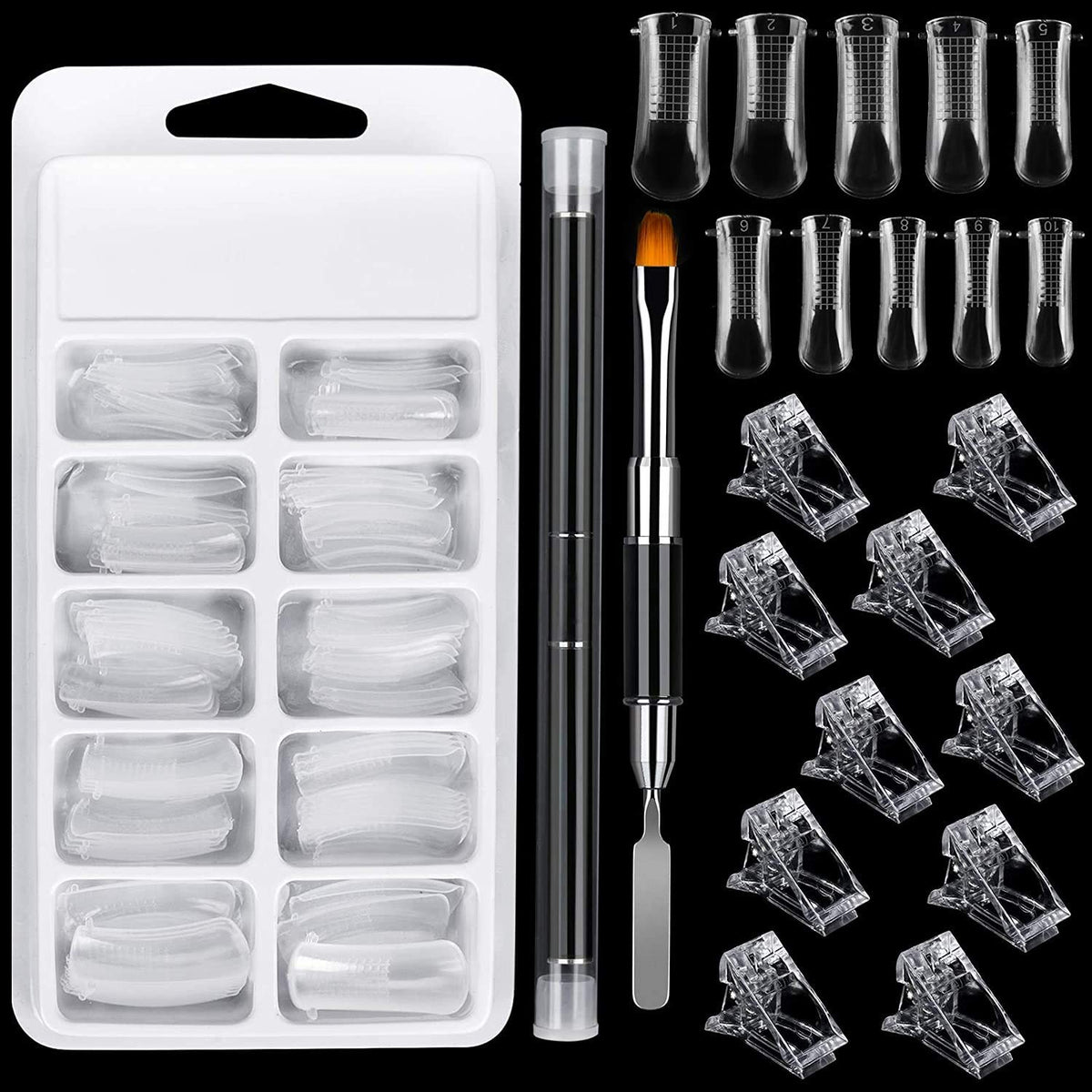NAILWIND Poly Gel Quick Building Nail Set,100Pcs False Nail Mold Clear Nail Extension Form Tips,10 Nail Tips Clip And 1Pcs Dual-Ended Poly Extension Brush Picker For Polygel Extens