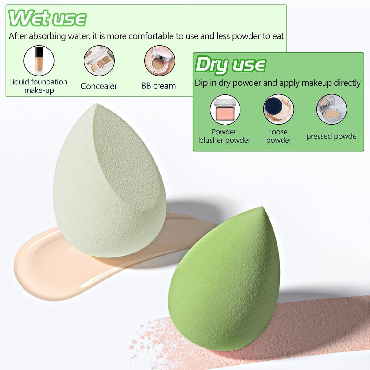 COSLUXE Makeup Sponge Set Beauty Blender with Egg Case, Soft Sponge For Liquid Foundation, Creams, and Powders?Latex Free Wet and Dry Makeup Green Series, 4 Pcs - Image 9
