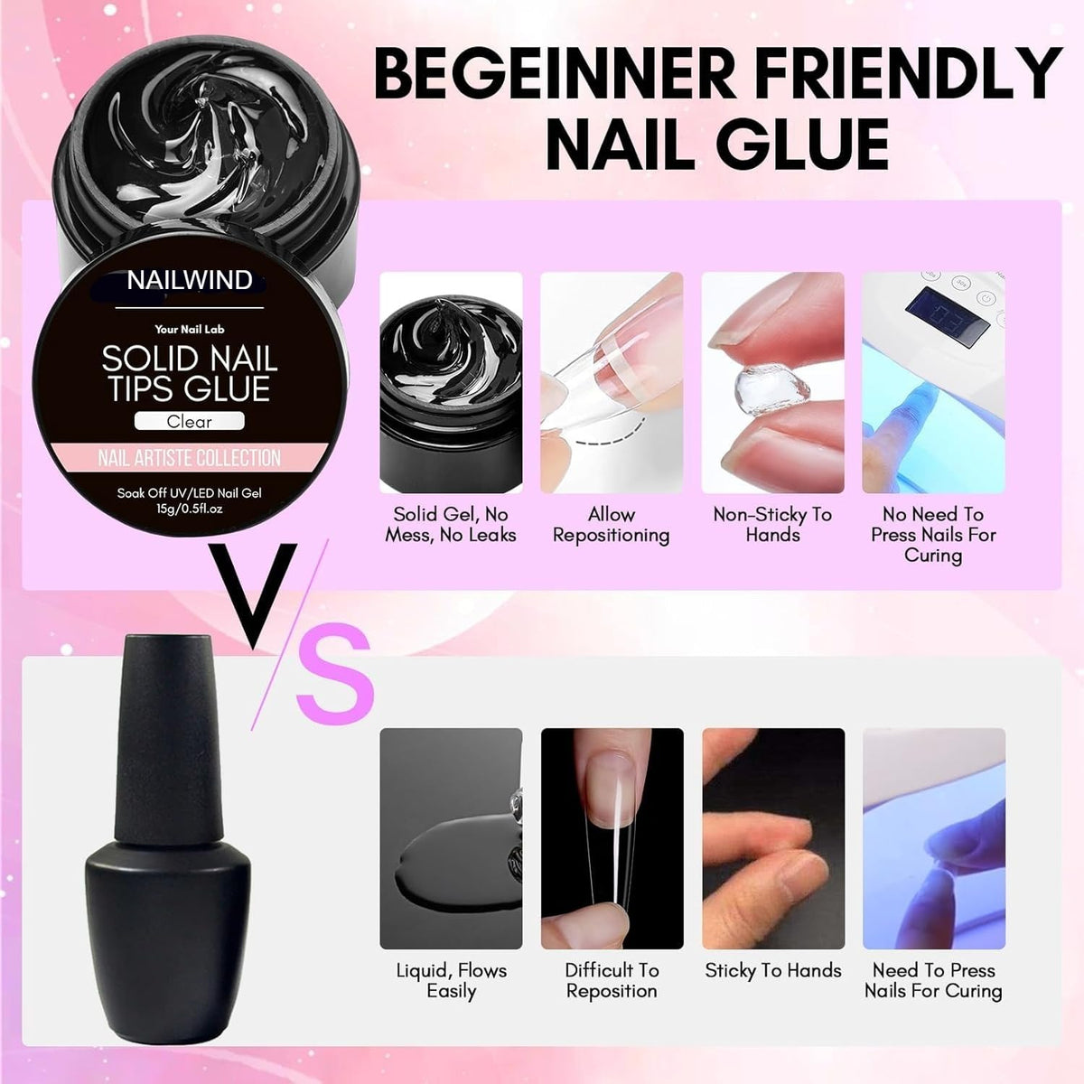 NAILWIND Solid Gel Nail Glue for Nail Tips Clear,Strong Adhesive Rhinestone Gel Nail Glue for Acrylic Nails Tips, Press on Solid Glue Gel, Nail Art Manicure Glue Gel, Need UV/LED Lamp Clear, 15 ml - Image 3